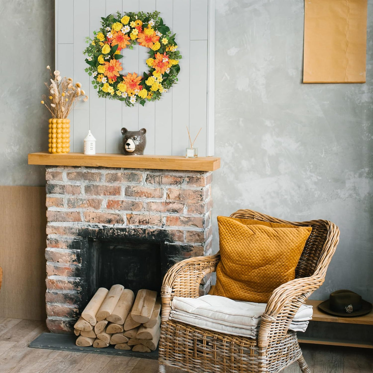 GENMOUS 24Inch Fall Wreaths for Front Door, Autumn Wreath with Dahlias and Daisy, Flower Wreath Home Decor for Autumn Thanksgiving Farmhouse Indoor Wall Window Garden Porch Fall Decor