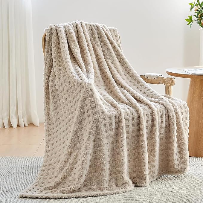 NEWCOSPLAY Super Soft Throw Blanket Linen Premium Silky Flannel Fleece 3D Waffle Checkered Lightweight Bed Blanket All Season Use (Linen, Throw(50"x70"))