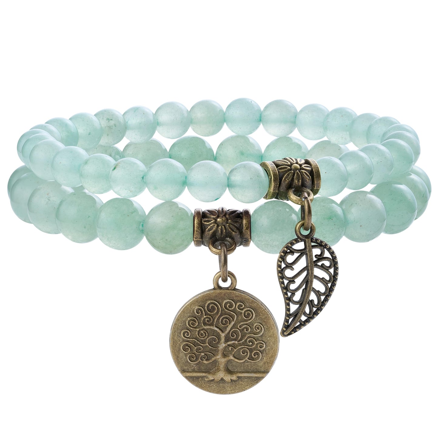 Bivei Natural Semi Precious Gemstone Beads Bracelet for Women - Life Tree and Leaf Charm Chakra Energy Anxiety Stretch Bracelets(Aventurine Bracelet Set)