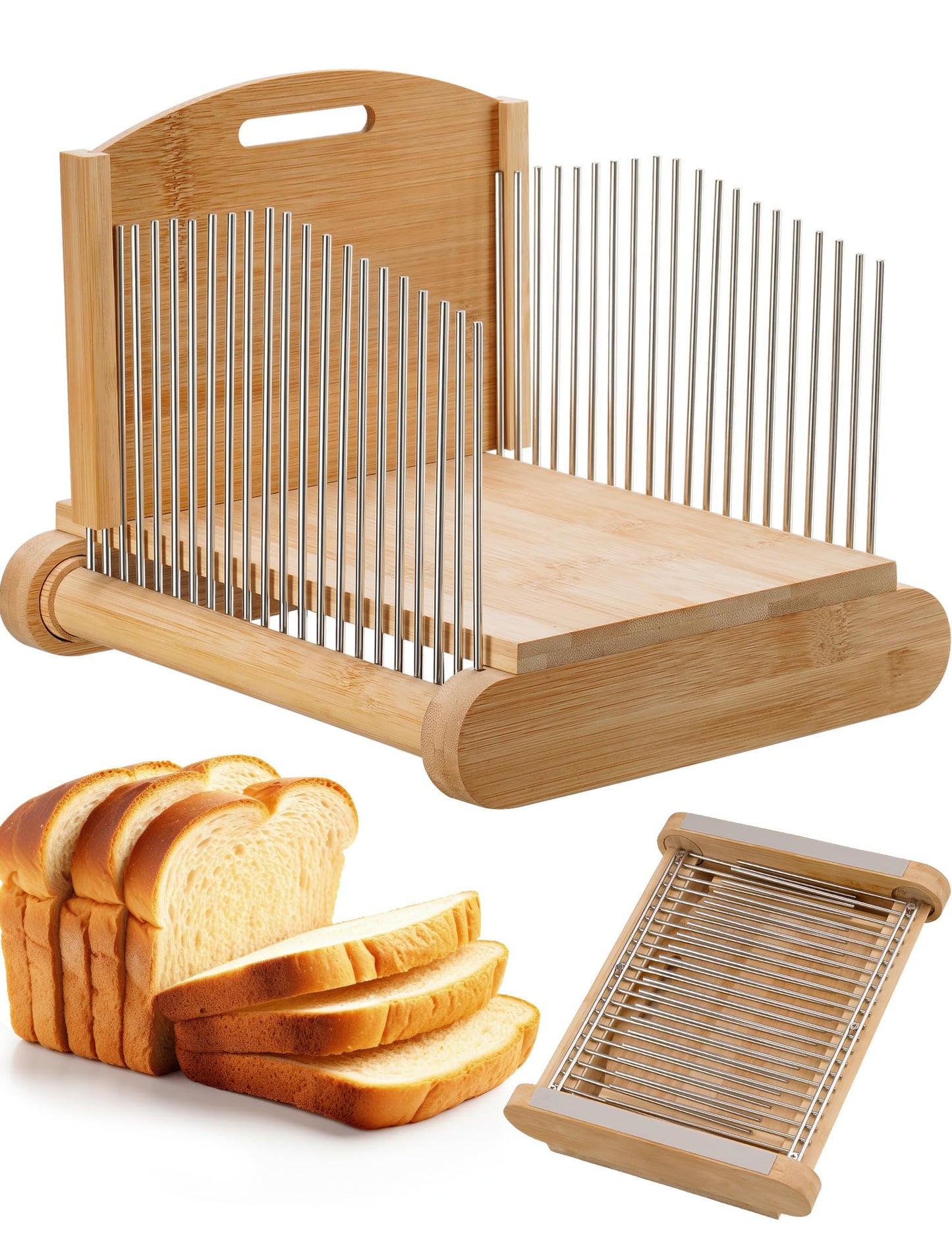 NiHome Bamboo Bread Slicer for Homemade Bread with Stainless Steel Guides, Adjustable Thickness for Toast & Sandwiches, Foldable Compact Sourdough Wood Cutting Board