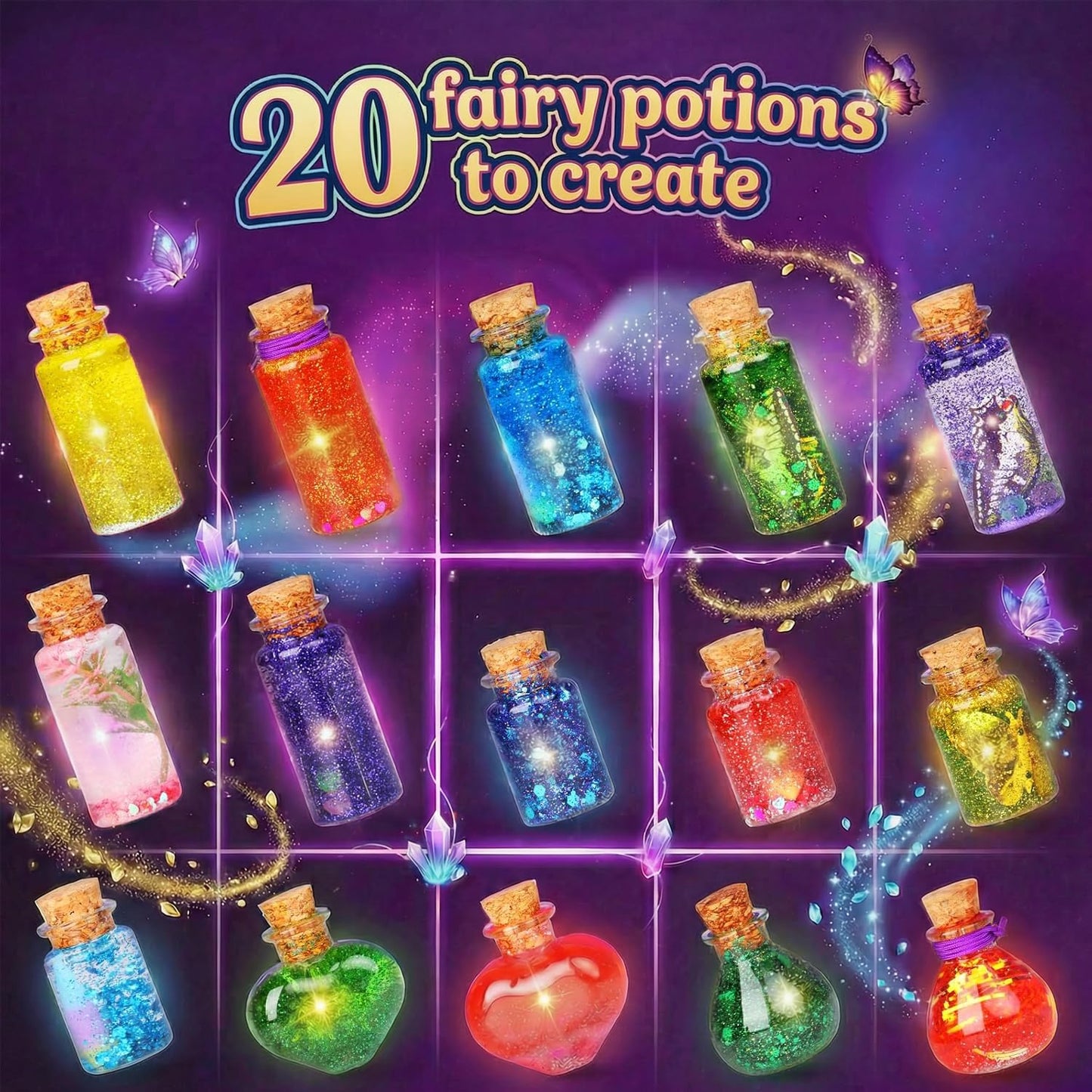 Alritz Fairy Potions Kit for Kids - Magic Potion Making Kit 20 Bottles, Glitter Crystals, Birthday Gifts for Girls 6 7 8 9 10 11 12 Year Old, Creative Craft Indoor Activity Party