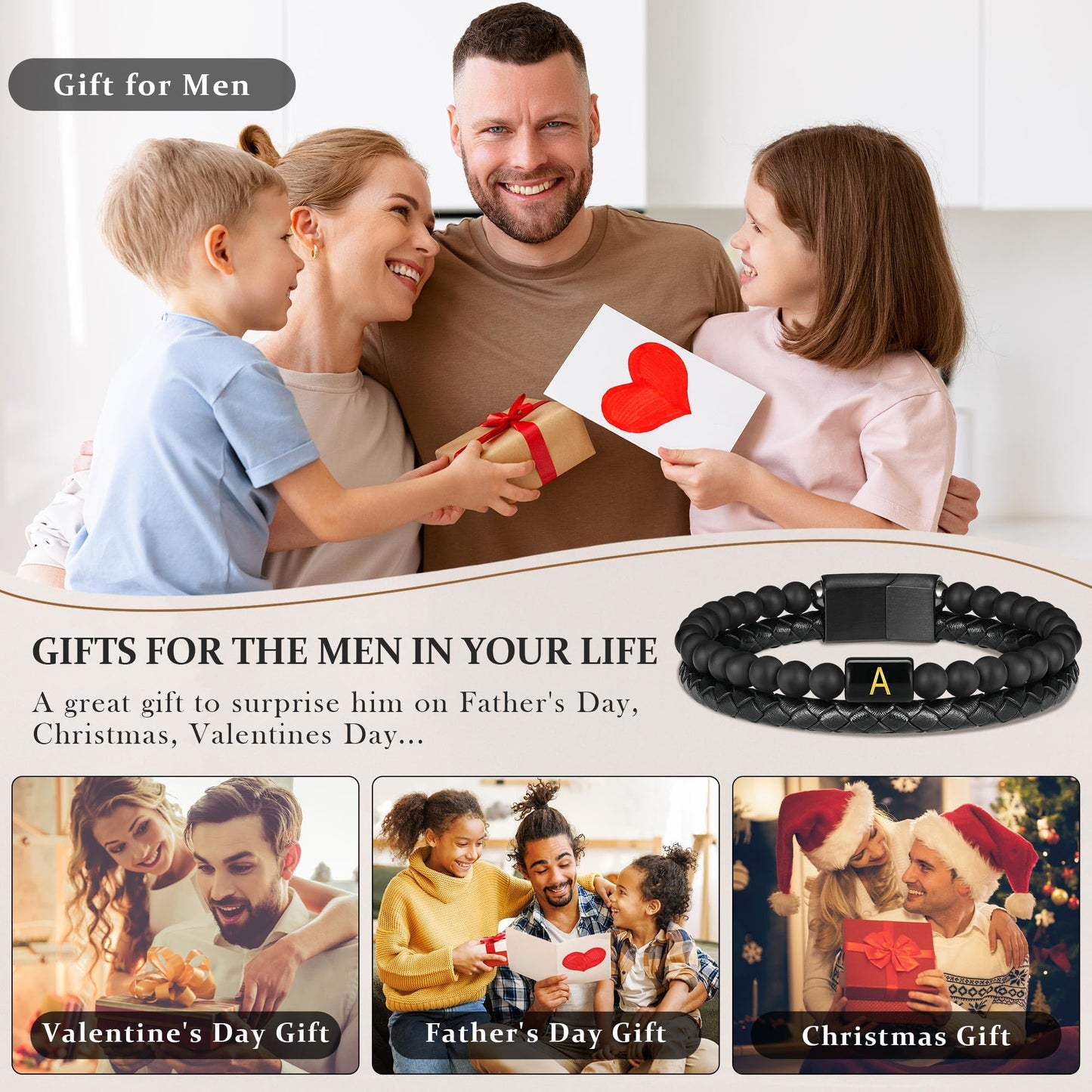FOCOOG Men's Leather Initial Bracelet with Matte Agate Stone Beads - 8 Inch Modern Unisex Bracelet