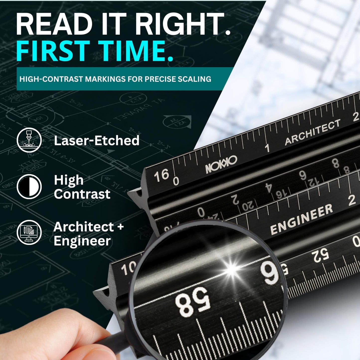 NOKKO Architectural Scale Ruler Set with Engineer Scale and Metal Ruler, 12 Inch Aluminum Drafting Rulers for Blueprints, Engineering Drawings and Floor Plans