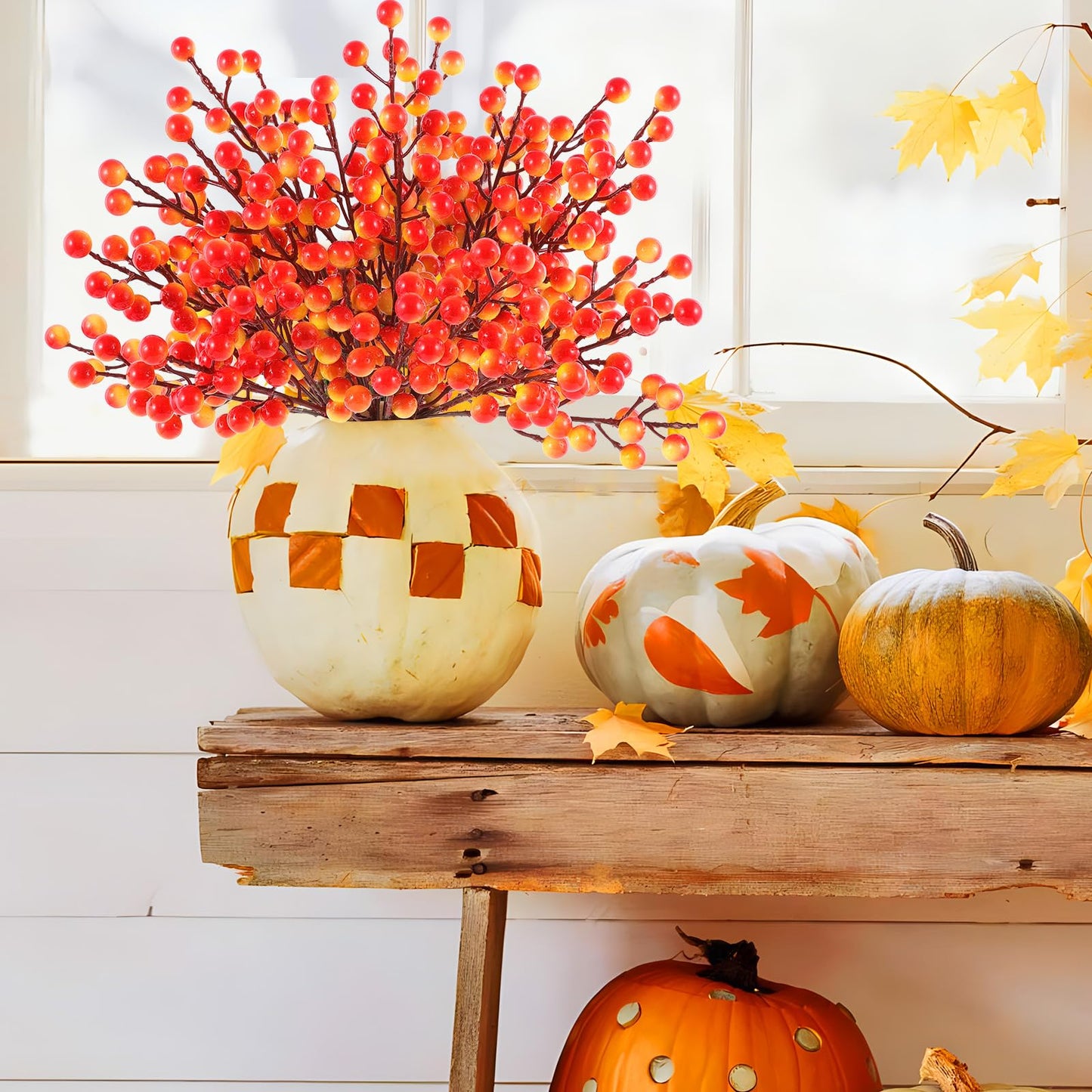 Rowfad 40 Pcs Artificial Berry Stems Branches, Fall Halloween Faux Holly Berries Picks and Sprays Ornaments for Thanksgiving Wreath DIY Craft Decorations Holiday Home Decor (40, Orange)