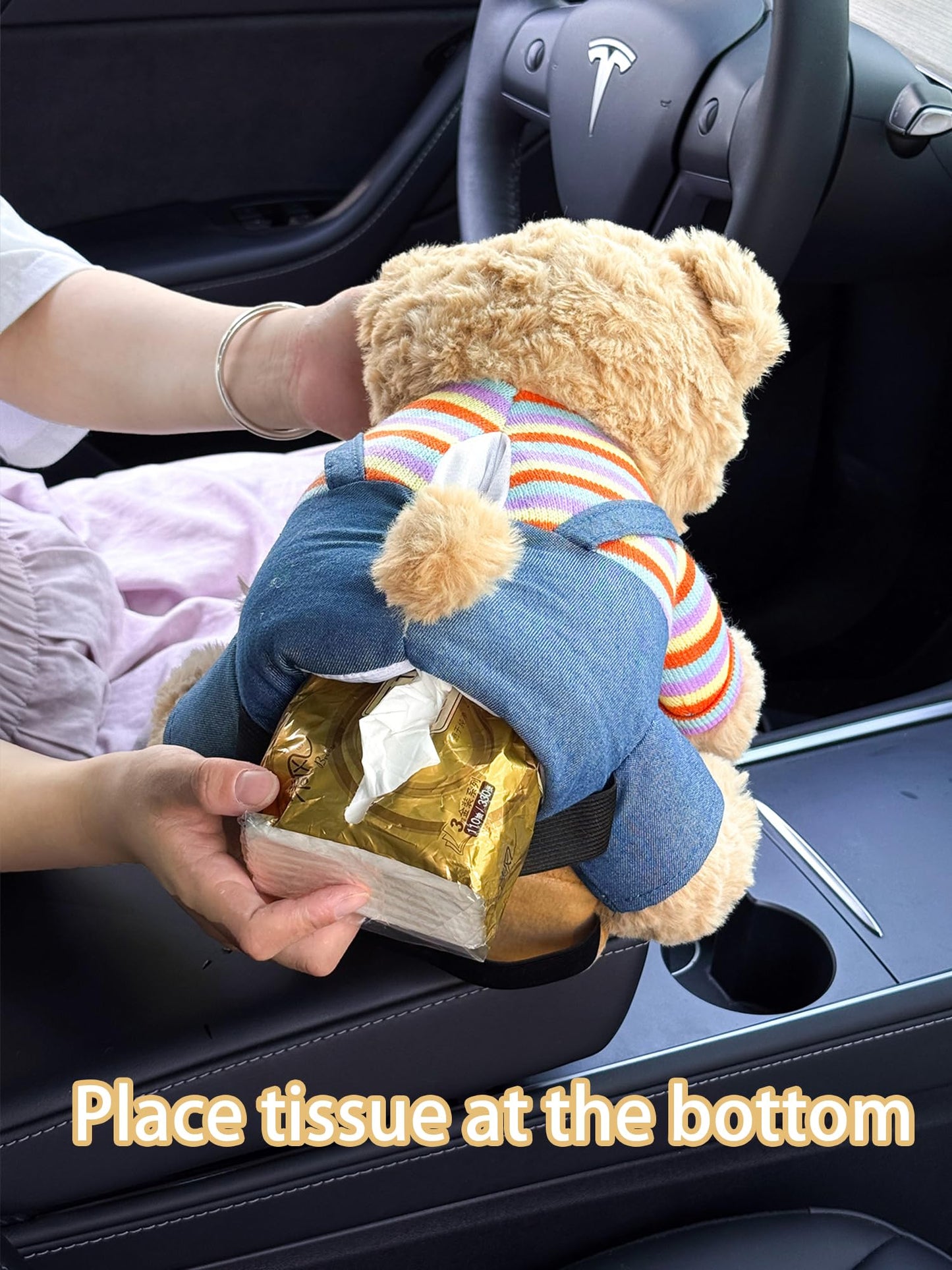 VimoDemo Cute Car Trash Can with Tissue Holder Teddy Bear Tissue Box Console Stuffed Animal Organizer Plush Doll Multifunctional Creative Accessories for Women Rainbow Bear