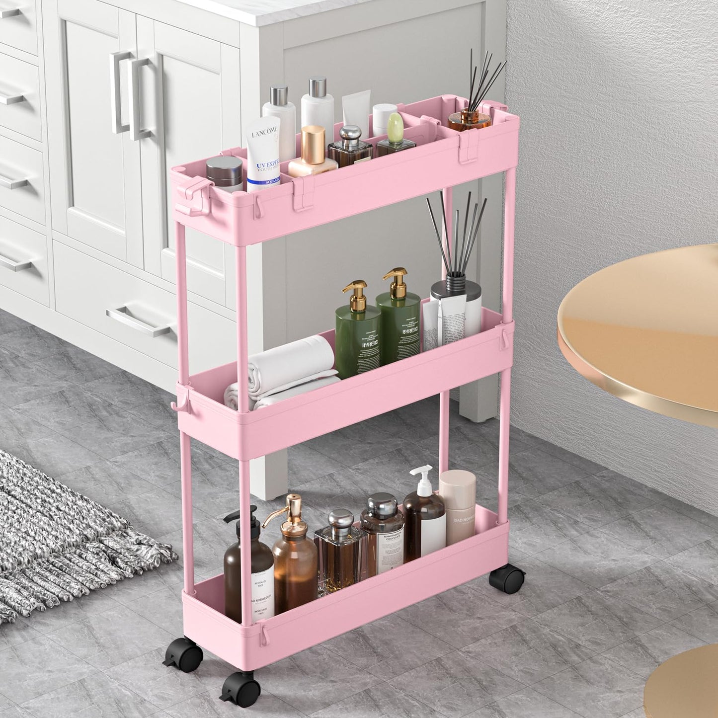 SPACELEAD Slim Storage Cart 3 Tier,Bathroom Organizer Rolling Utility,Mobile Shelving Unit Slide Out for Office, Kitchen, Laundry Room & Narrow Places,Pink