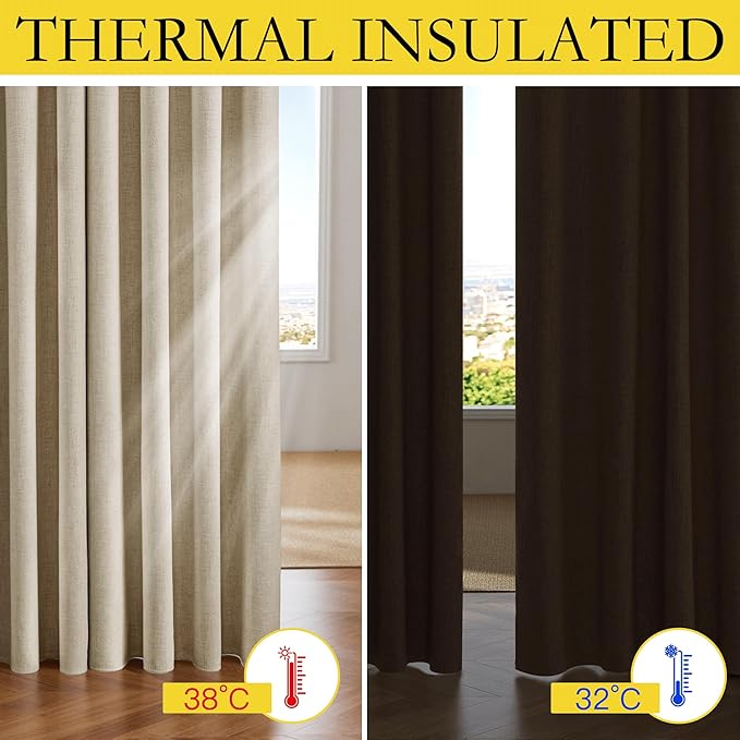 NICETOWN Cream Linen 100% Blackout Curtains 120 inches Length 2 Panels Set with Thermal Insulated Liners, 52" Width, Farmhouse Style Extra Long Window Draperies for Patio Sliding Glass Door