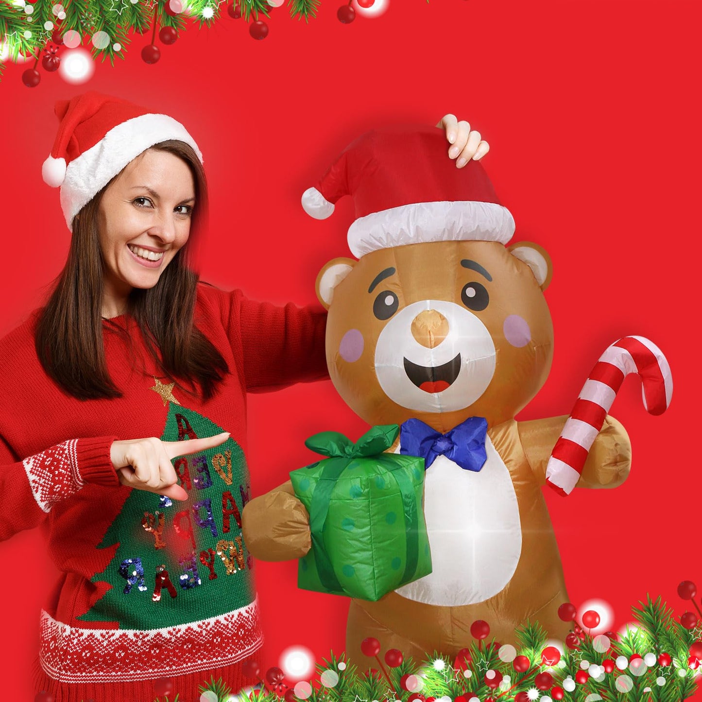 Christmas Inflatables Bear Gift Box Candy Cane Lighted Yard Lawn Inflatable Decoration with Built-in Fan and Stakes Ropes Holiday Party Decor, Christmas Decor (5FT-Bear Holds Giftbox & Candy Cane)
