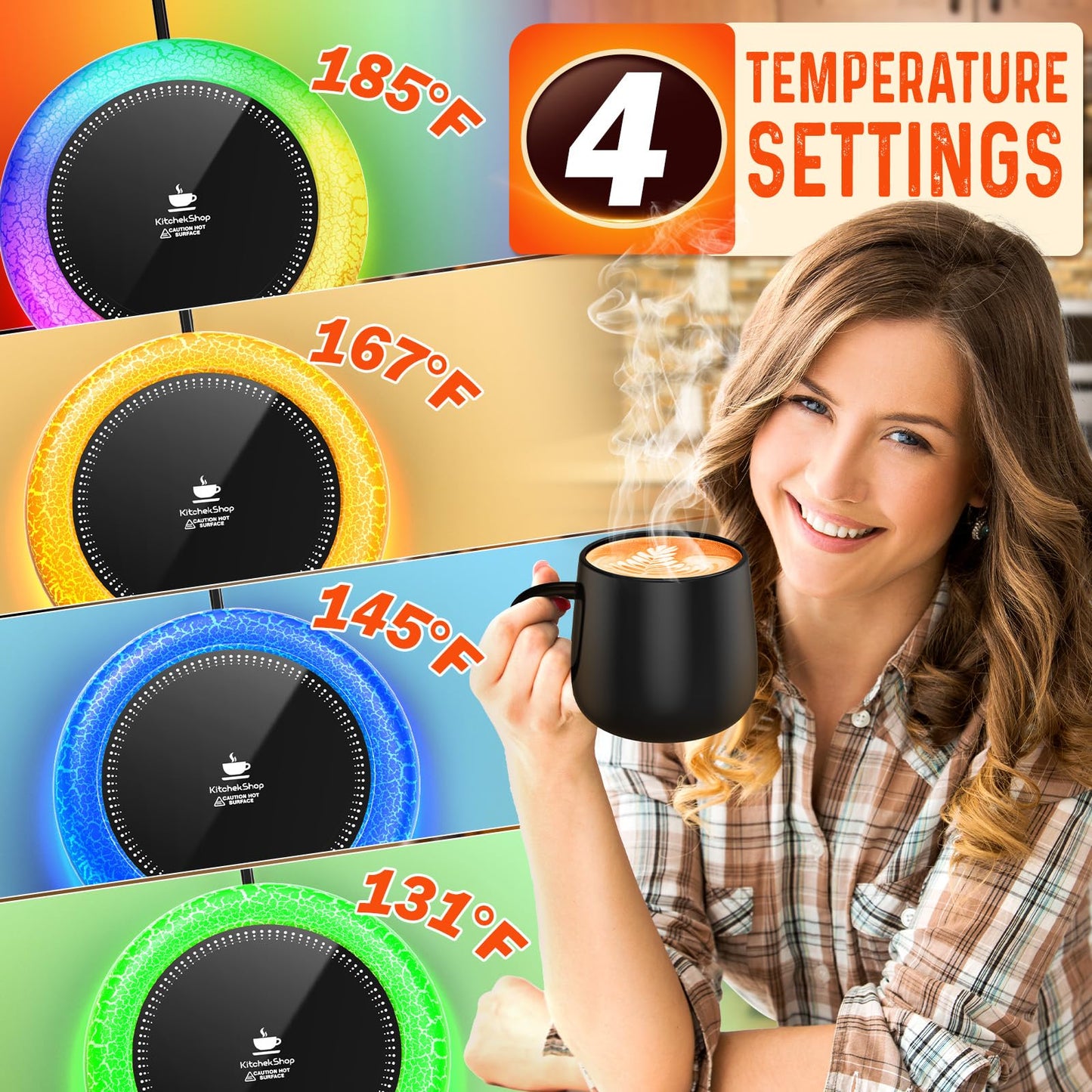 Coffee Mug Warmer with 7 LED Color Lights – Fast Heating & High Temp, Auto On/Off Gravity Sensor, Smart Electric Beverage Warmer for Coffee, Tea & More, Desk & Home Use(White)