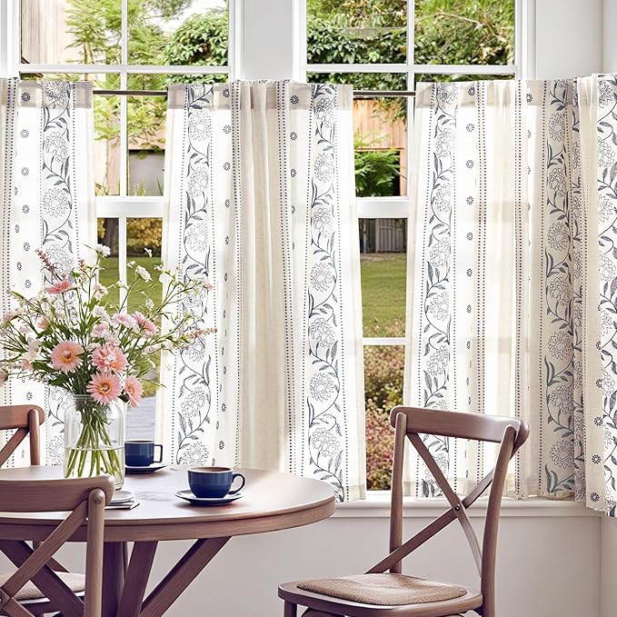 jinchan Winslow Linen Curtains 45 Inch Length Small Window Curtains Embroidered Bordered Floral Drapes Light Filtering for Bathroom Laundry Room Kitchen Farmhouse Decor Blue on Beige 2 Panels