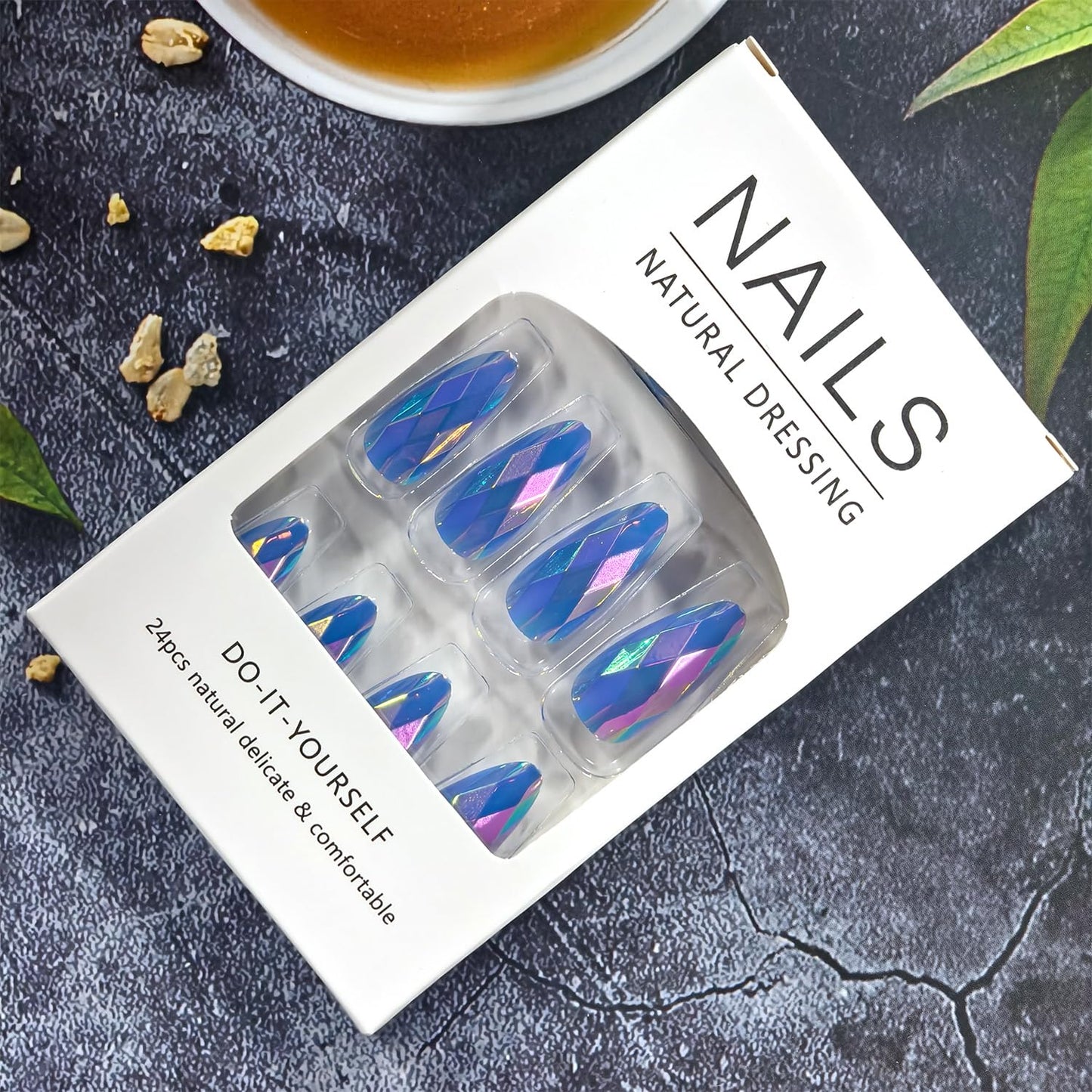 Dark Blue Press on Nails Medium Almond Artificial Acrylic Fingernails 3D Reusable Rainbow Gradient Diamond-Shaped Electroplating Design Full Cover Glossy Glue on Artificial Nail for Women Manicure