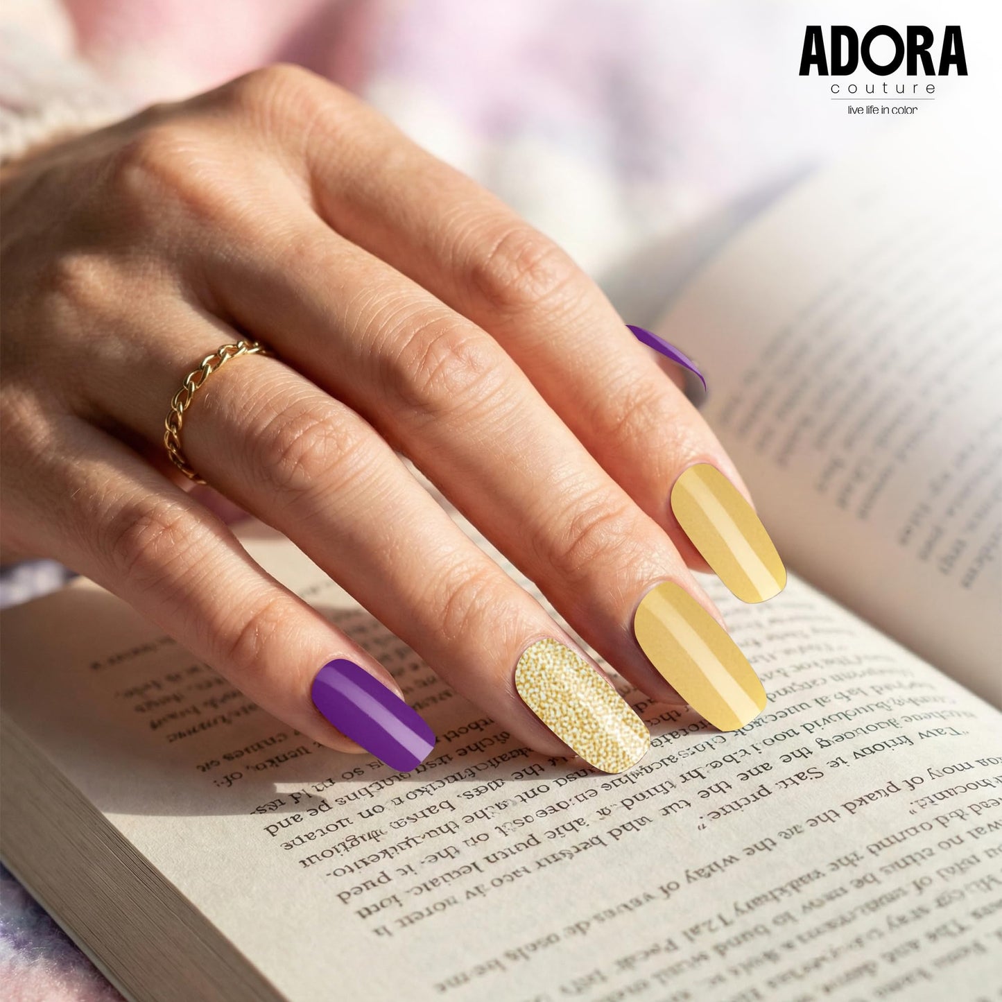 Adora Couture Semi Cured Gel Nail Strips with 20 Pieces - UV Gel Stickers, Manicure Kit, Easy Application Wraps Includes Prep Pads, Nail File, Wooden Stick - UV Light Required (Golden Plum)