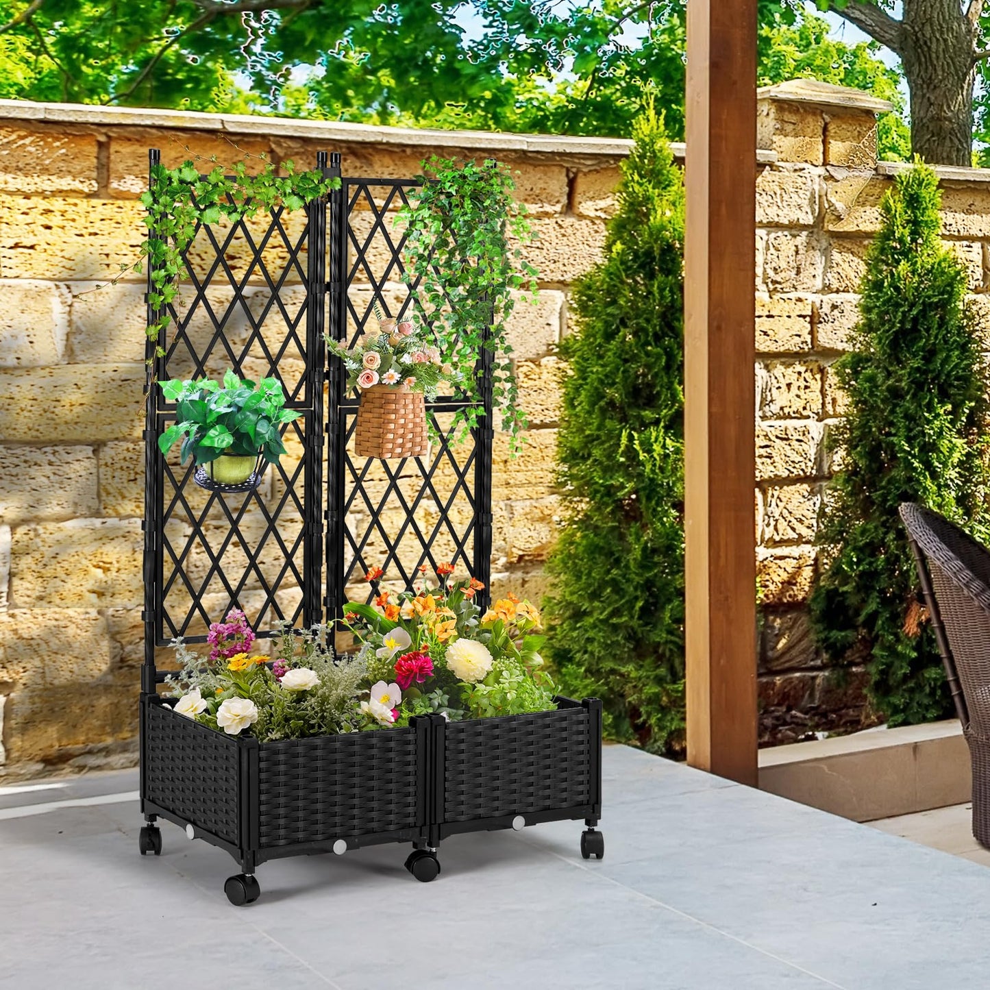 FOLLOOK Planter Box with Trellis, 4ft Tall Self-Watering Plastic Raised Garden Beds and Lattice Trellis with Lockable Wheels & Drain Plug for Outdoor Patio Backyard Balcony, Black, 2 Pcs