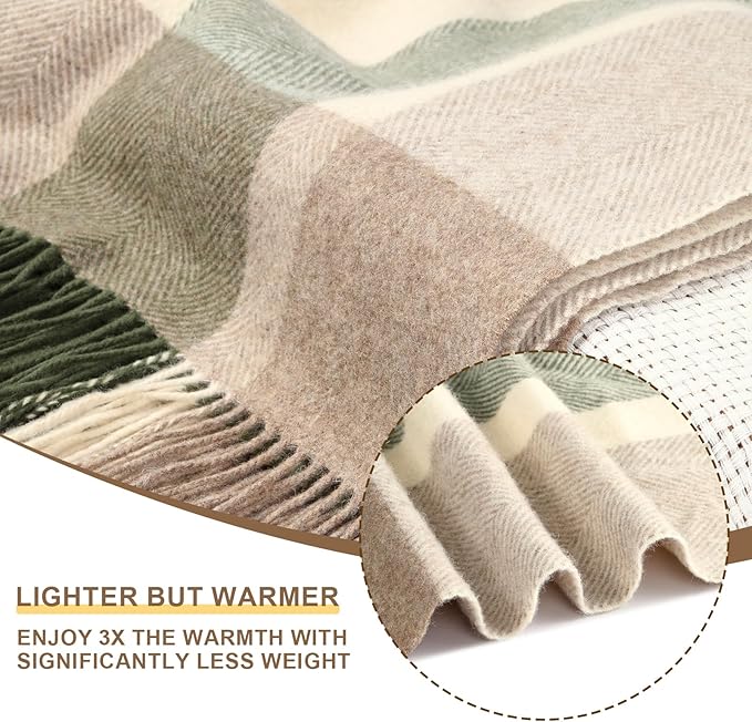 Throw Blanket Plaid with Carry Bag | Soft Wool Travel Blanket 55"x83" 2lbs| Oatmeal Checkerboard Plaid Decorative Throw for Couch, Camping & Gift