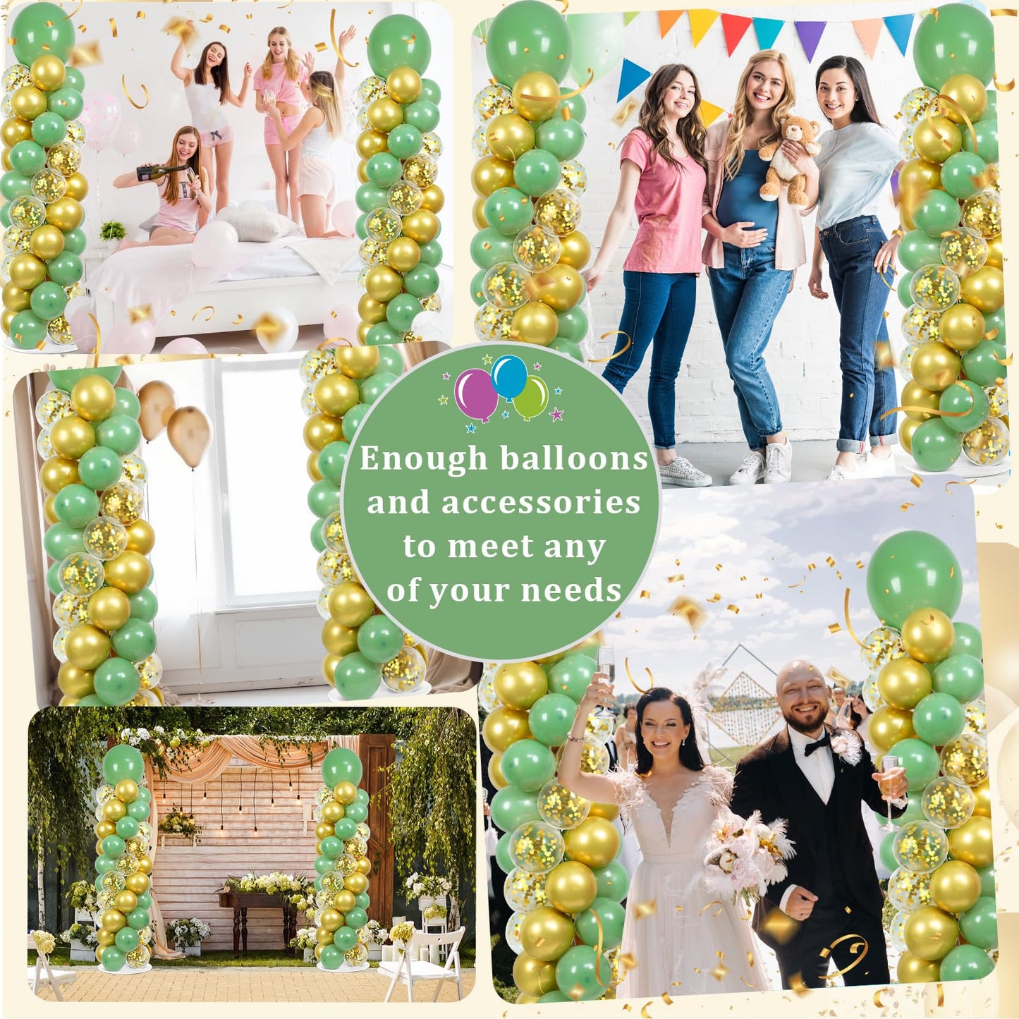 2 Sets Sage Green Balloon Column Stand Kit with 100 Balloons Spring Graduation Adjustable Balloon Tower Stand with Bases Olive Green Gold Column for Mother's Day Birthday Wedding Party Decor
