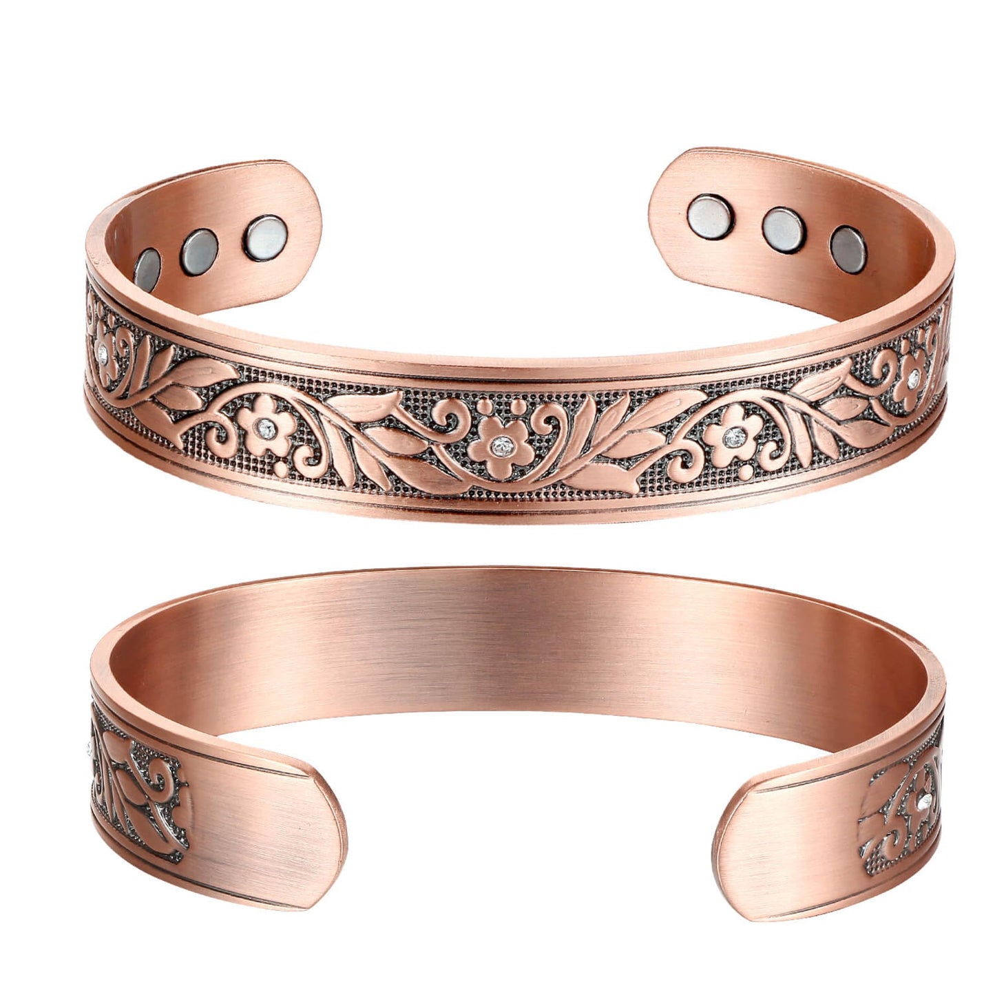 Earth Therapy Women's Floral Crystal Magnetic Copper Cuff Bracelet - Adjustable Sizing - Ultra Strength