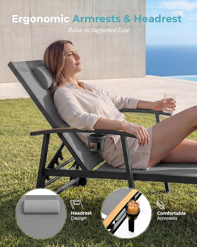 Ciokea Outdoor Lounge Chair with Pillow Set of 2, 5-Position Aluminum Chaise Lounge with Wheels & Armrests, 400 lbs Heavy Duty Patio Pool Chair for Backyard, Deck, Beach & Poolside, Grey
