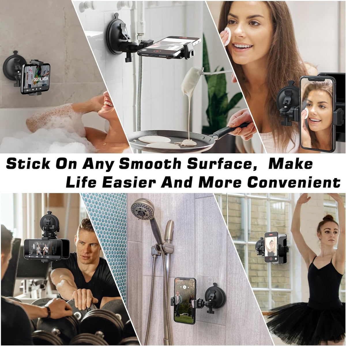 Shower Mirror Phone Holder, Suction Cup Mirror Phone Mount for Shower Mirror Bathroom Glass Kitchen Tile, TikTok YouTube Instagram Make Up Vlog Video Content Creator Essentials