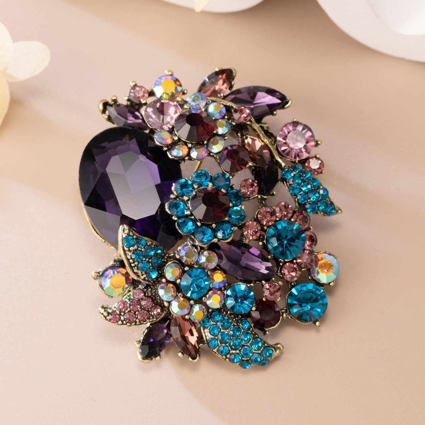 SELOVO Party Jewelry Rhinestone Purple Statement Flower Brooch Pin