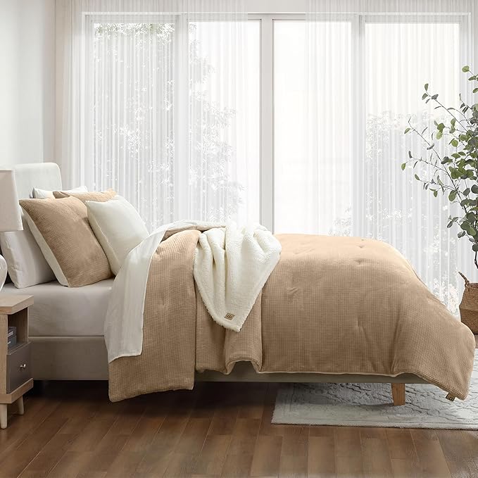 UGG Remina Comforter Set 5 Piece Bed in a Bag with Throw Blanket, Decorative Pillow, Shams, and Reversible Comforter Hypoallergenic Washable Luxury Plush Warm Fluffy Bedding Set, King, Brown Birch