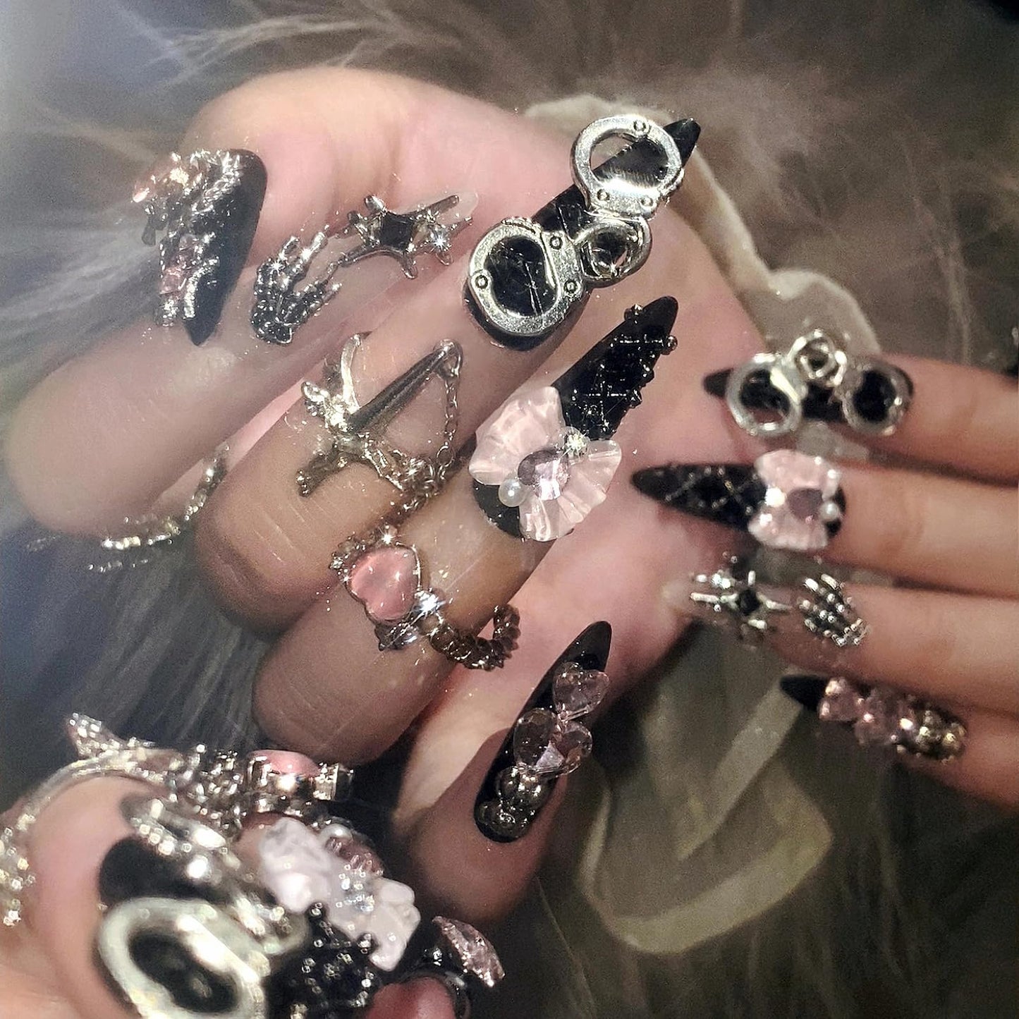 MISUD Press on Nails - Long Stiletto Fake Nails with Goth Black, Acrylic Gothic Y2K Charms Design 24 pcs