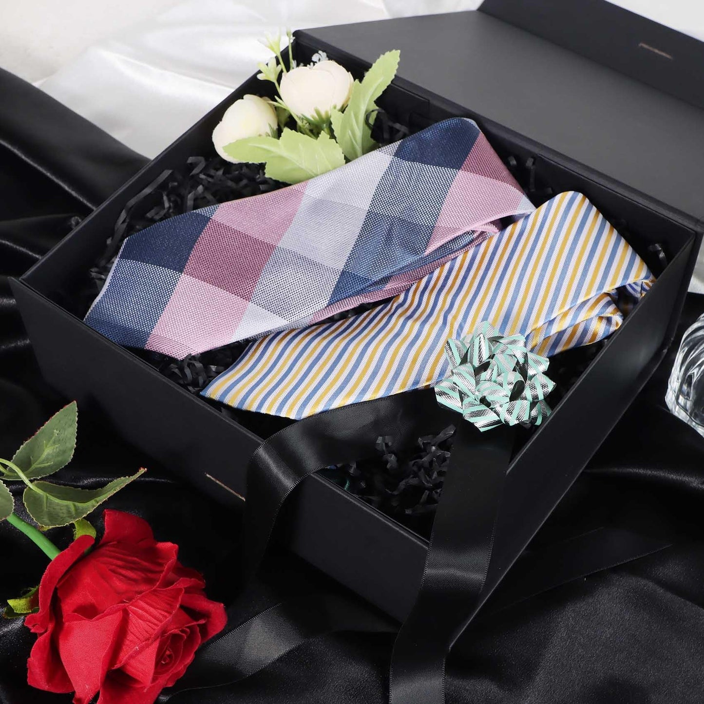 LFBOX Black Gift Box with Ribbon Magnetic Lids 10.2x9x3.74 in, Bridesmaid Groomsman Proposal Boxes, Wedding Graduation Storage Box 2 Pack