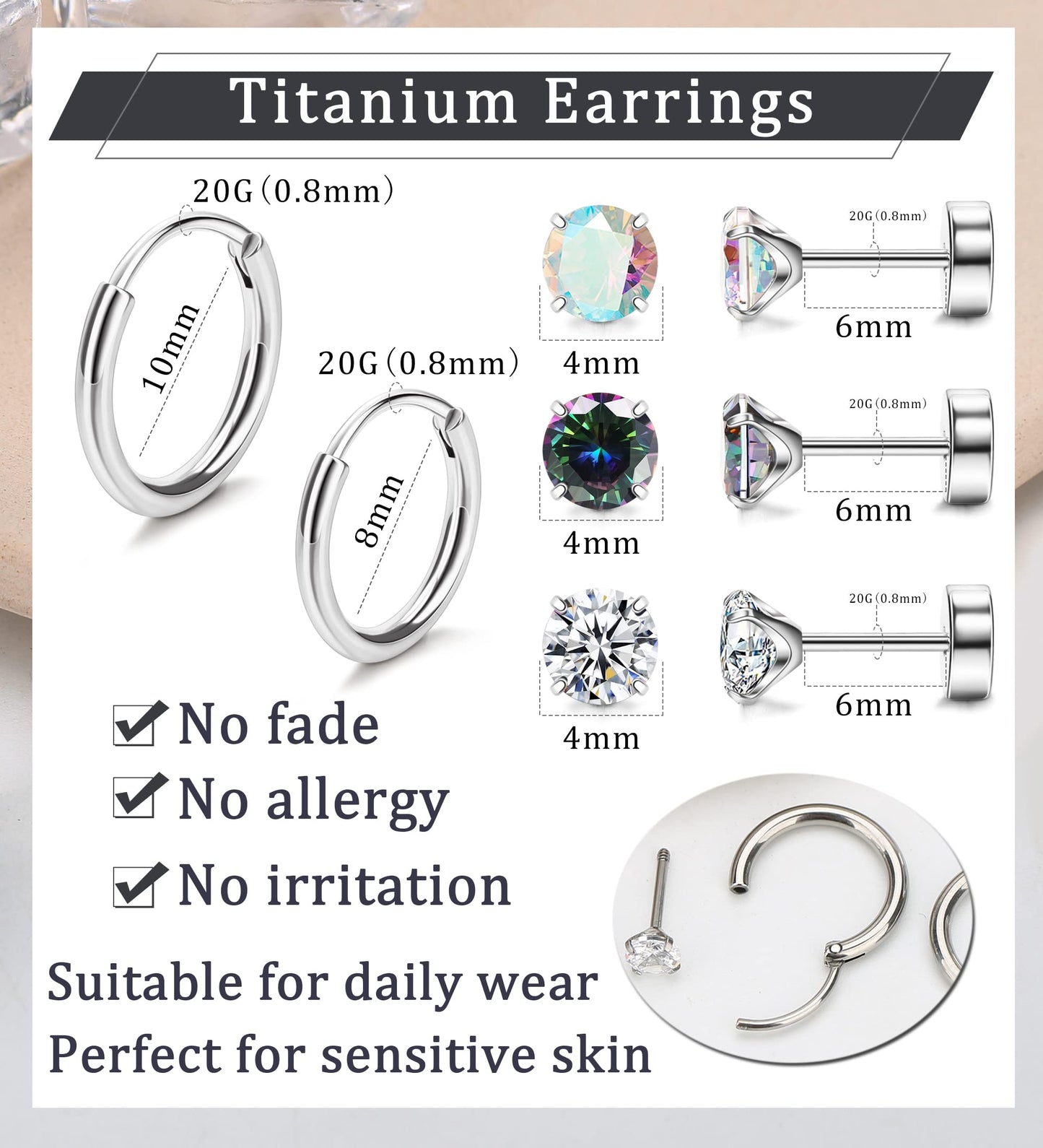 MJust Titanium Earrings for Sensitive Ears 20G Hypoallergenic Stud Hoop Earrings for Women Men Opal Ball CZ Heart Pearl Flat Back Earrings Cartilage Earrings Set
