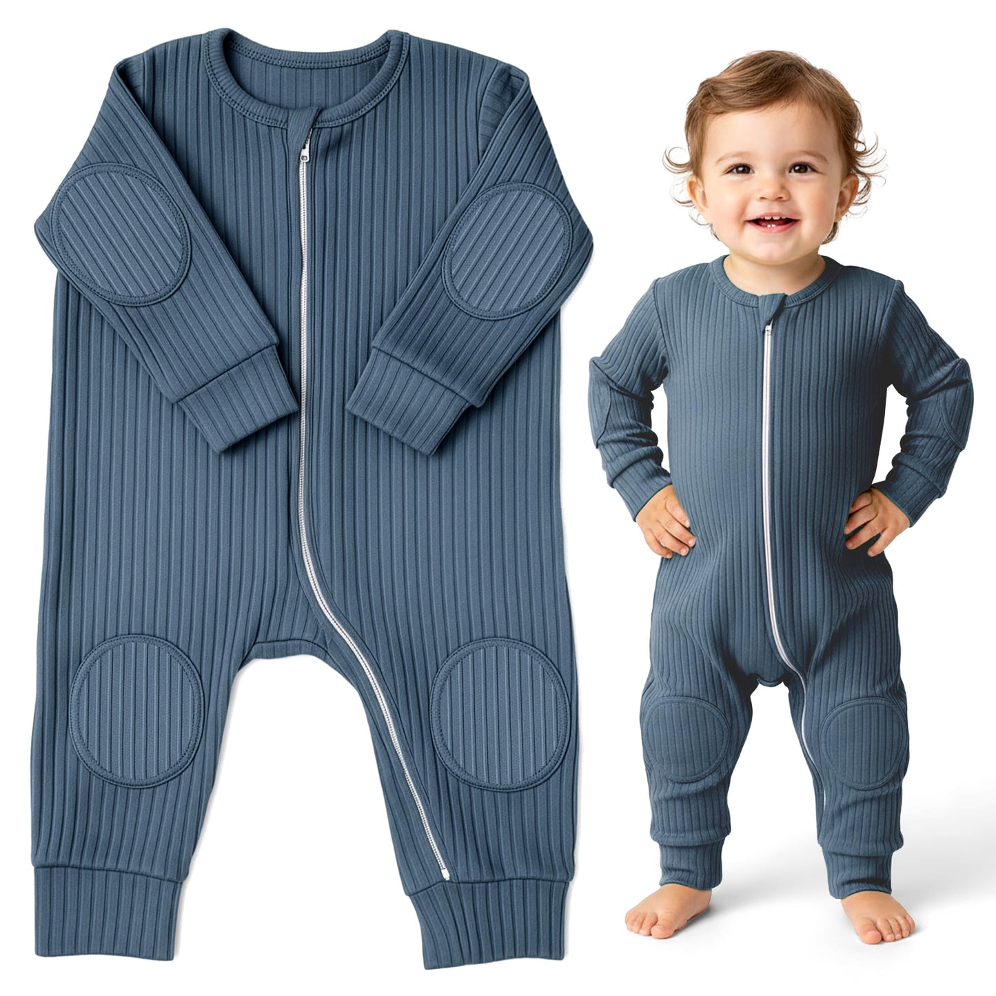 NurtureNauts® Crawling Baby Romper with Built-in Knee & Elbow Pads - 100% Cotton, 2-Way Zipper, Tagless for Active Babies (Pastel Blue, 18-24 Months)