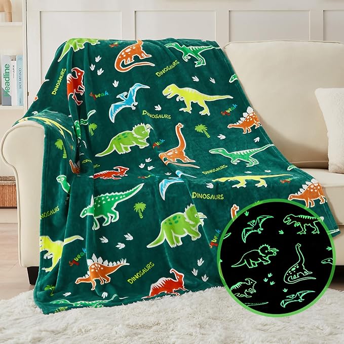 SOCHOW Glow in The Dark Dinosaur Blanket for Sons Daughters, Toys for 3-10 Year Old Preteen Teen Birthday Presents, Soft Cozy Flannel Throw Blanket for All Seasons, Green 50 x 60 Inches