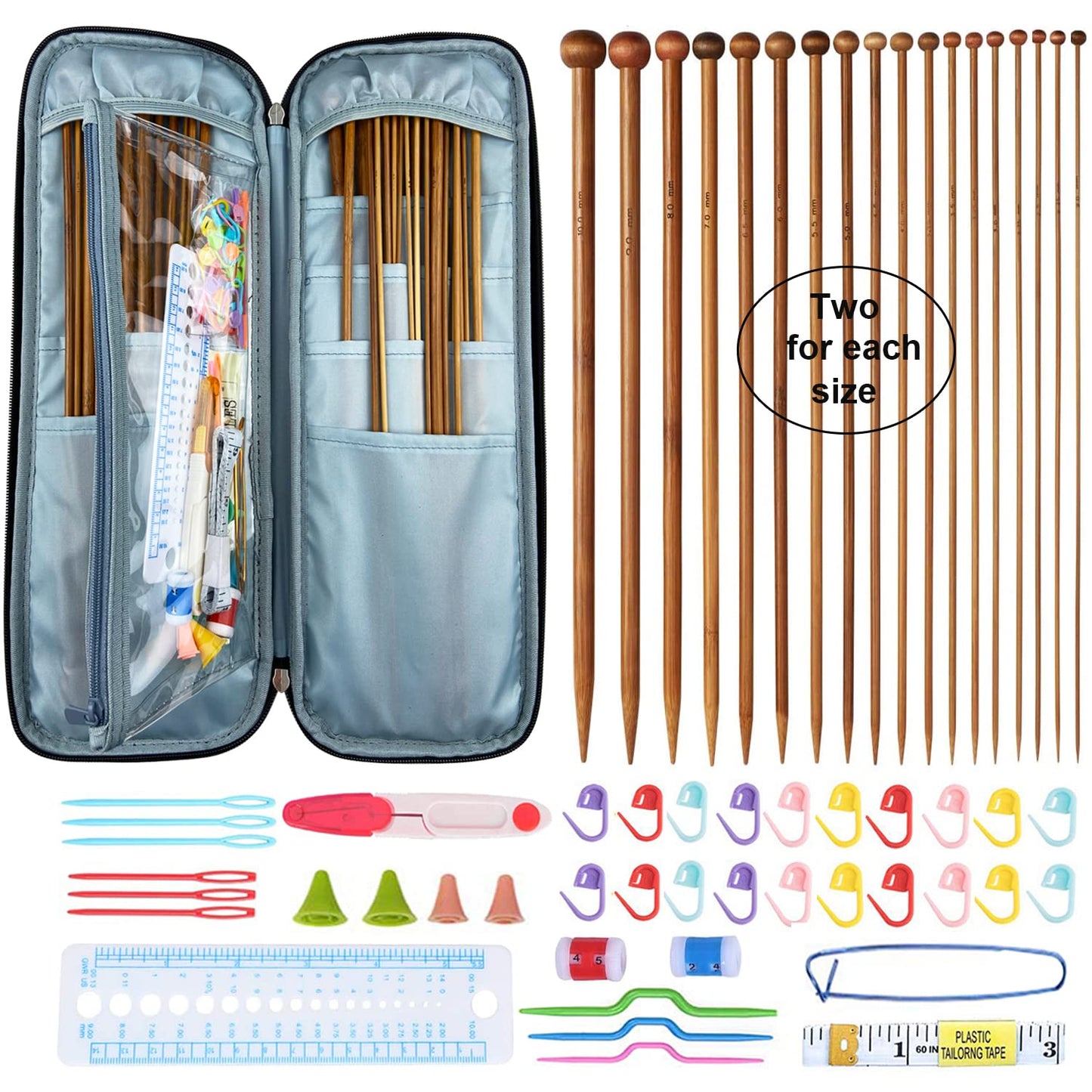 Mdoker Bamboo Knitting Needle Set with Case 36pcs Straight Single Pointed Kniting Needles 13.5inch Length Sweater Needles for DIY Knitting Projects(2mm-10mm) Knitting Set with Accessories