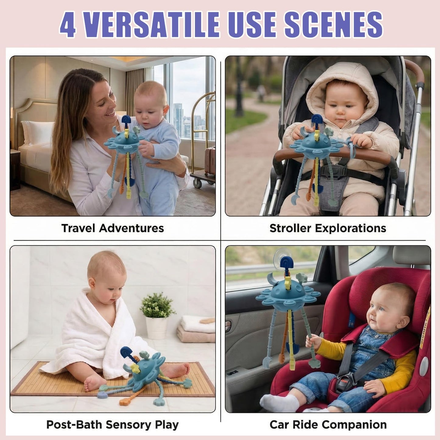 Silicone Baby Sensory Pull String Toy for 18+ Months, Montessori Toys for Toddlers, Sensory Activity Travel Toy for Airplane Car Seat Stroller, Fine Motor Skills Early Learning Gift (Blue)