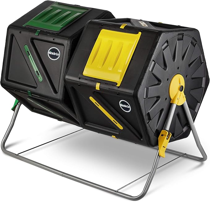 Miracle-Gro Large Dual Chamber Compost Tumbler, 55.4 Gallons – Easy-Turn, Fast-Working System – All-Season, Heavy-Duty, High Volume Composter with 2 Sliding Doors (2 x 27.7 gallons)
