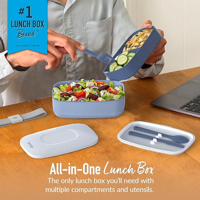 Bentgo Classic - Adult Bento Box, Stackable 3-Compartment Lunch Box with Removable Utensil Set and Sealing Strap, BPA-Free, Food Container Ideal for Meal Prep, Work, and On the Go (Slate)