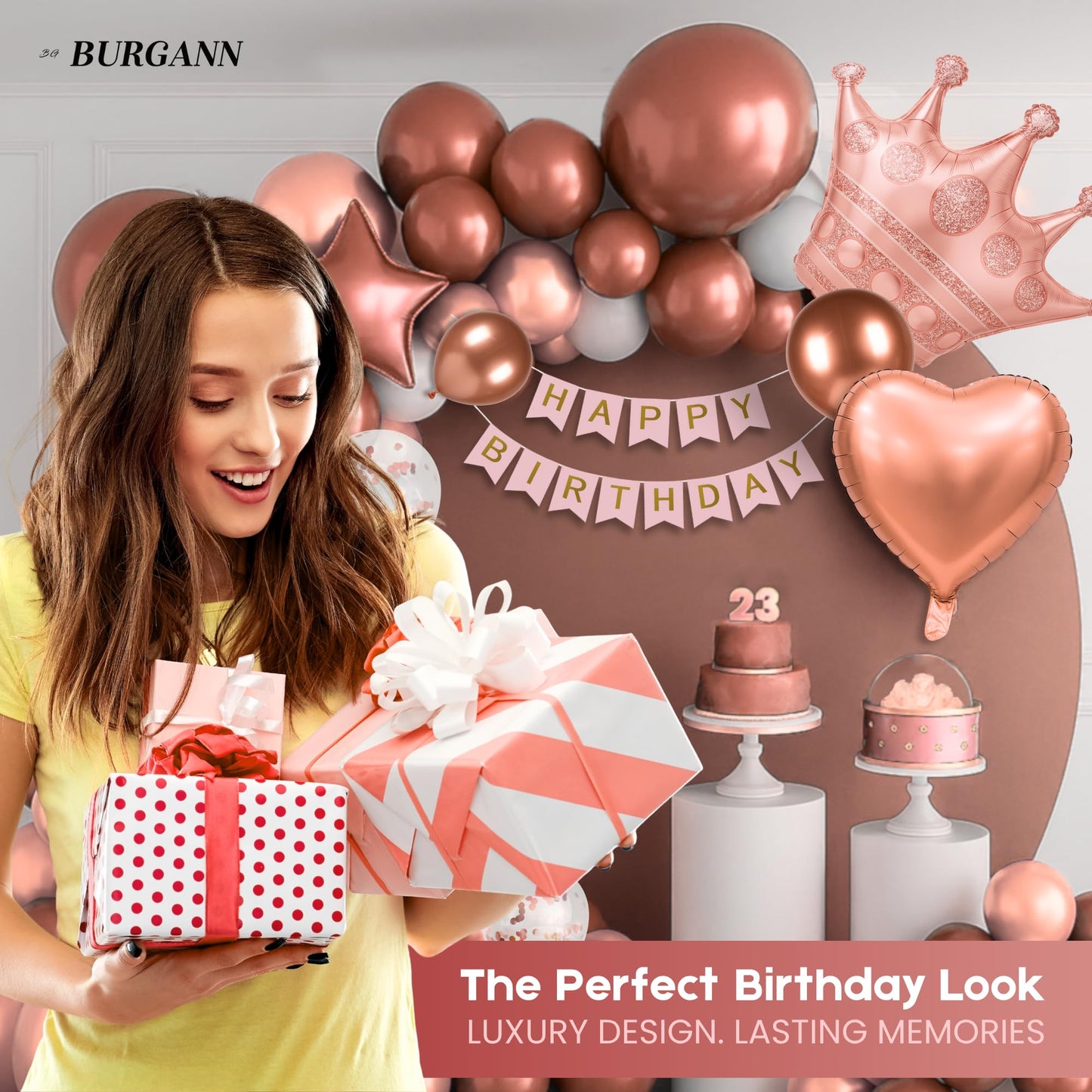 BURGANN Rose Gold Birthday Party Decorations Set, White Silver Gold Balloon Garland Kit with Banner, Crown, Champagne Bottle, Foil Backdrop