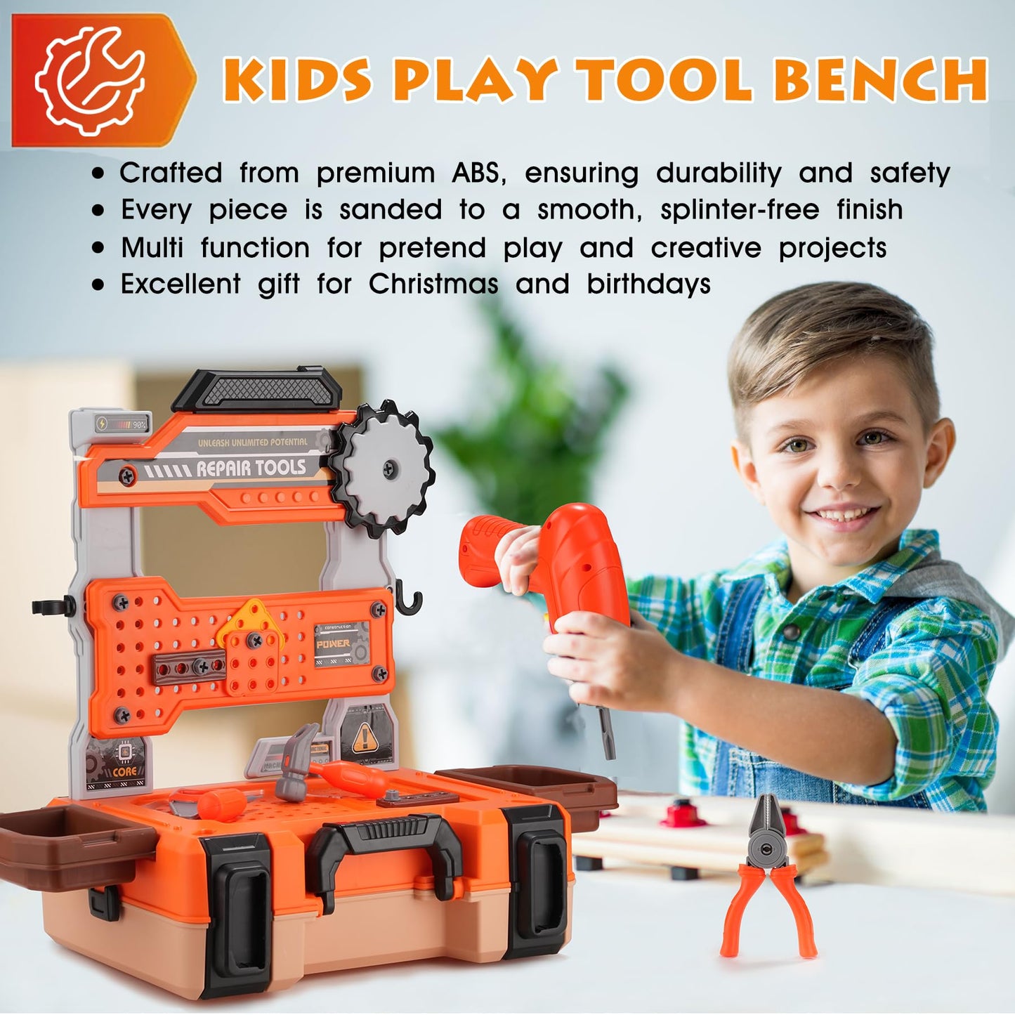 REXBETI Kids Tool Bench with Realistic Electric Drill and Tool Box, Pretend Play Kids Workbench Construction Kits, Toddler Tool Set, Birthday Gifts for Ages 3-8 Years Old