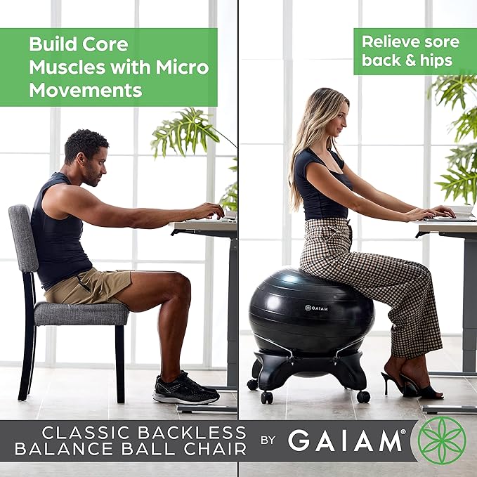 Gaiam Classic Backless Balance Ball Chair – Exercise Stability Yoga Ball Premium Ergonomic Chair for Home and Office Desk with Air Pump, Exercise Guide and Satisfaction Guarantee