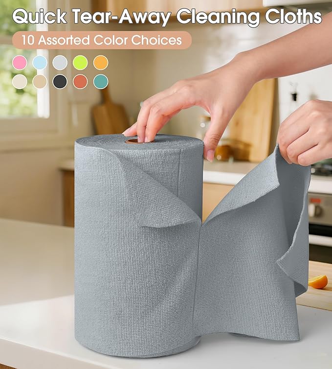 KitchLife Microfiber Cleaning Cloth Roll, 100 Pack - Tear-Away Microfiber Paper Towels, Lint-Free, Reusable, Washable for Kitchen, Car, Dishes, and Sensitive Surfaces (Grey)