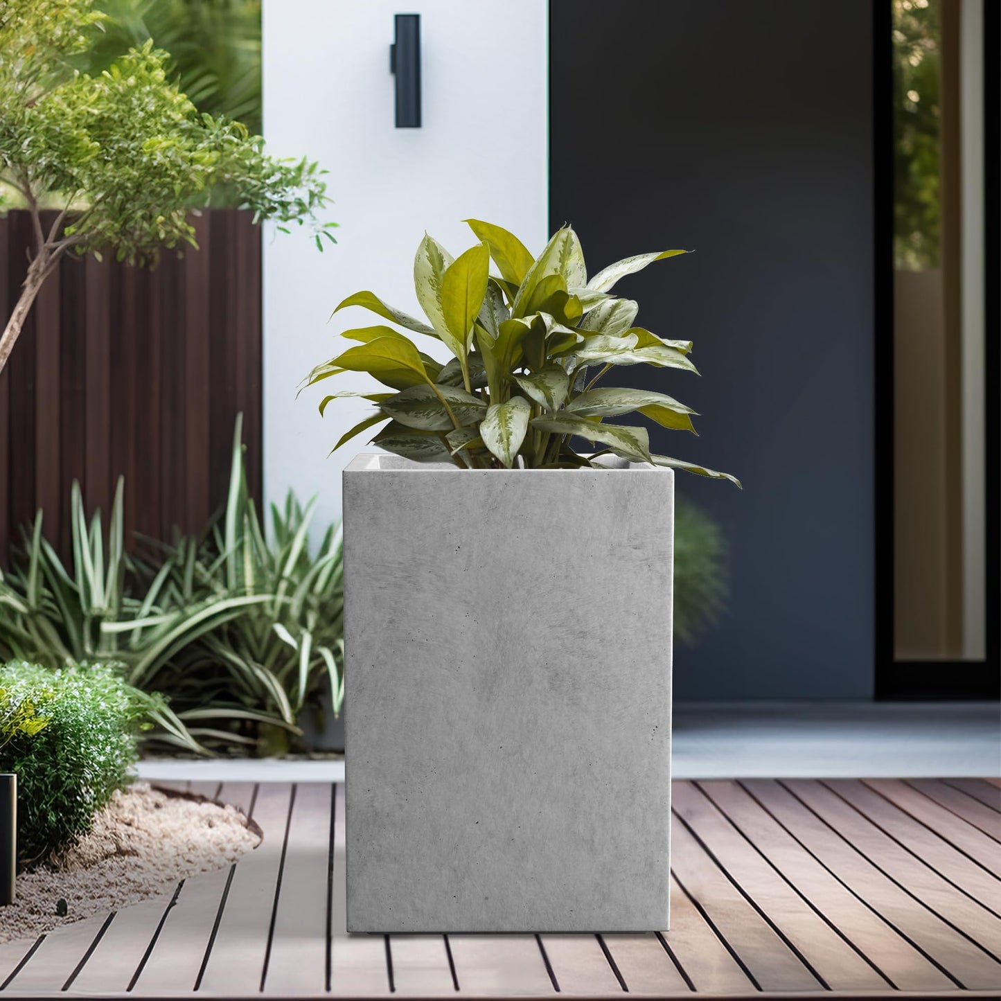 Kante 15.7" H Tall Rectangular Concrete Planters, Outdoor Indoor Lightweight Plant Pots with Drainage Hole and Rubber Plug, Modern Style for Home Garden Patio, Natural Concrete