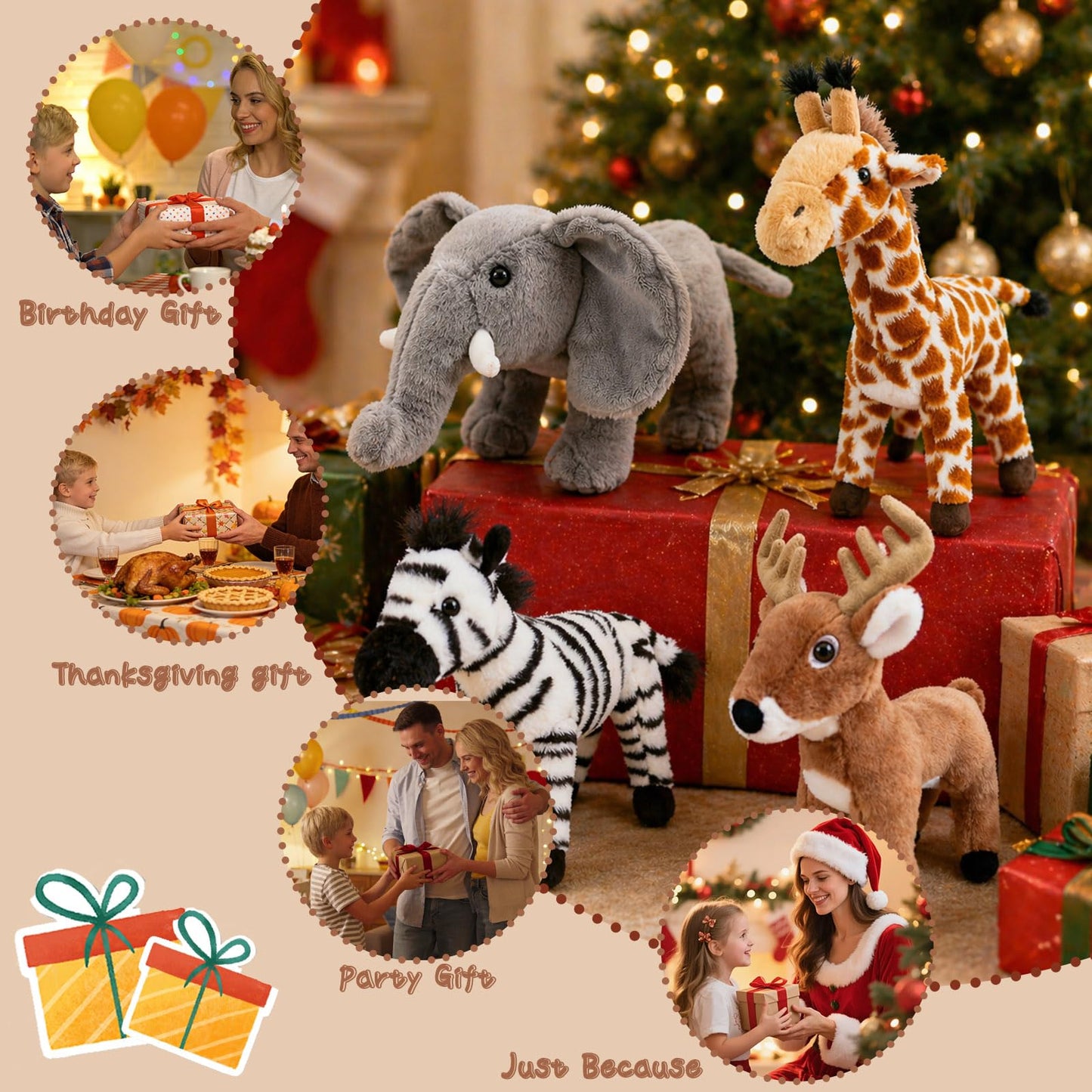 4-Pack 8" Plush Safari Stuffed Animals Set – Giraffe, Zebra, Deer and Elephant, Ultra Soft Washable Jungle Toys for Kids, Adorable Nursery Decor for Toddlers
