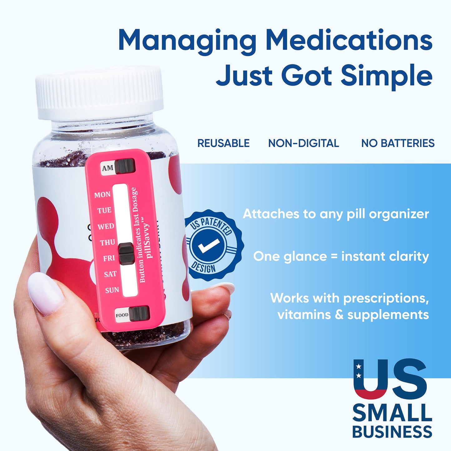 PillSavvy™ Daily Pill Tracker – Non-Digital, Reusable Medication Reminder for Bottles & Organizers – Easy to Use, Curved Back – Track Prescriptions, Vitamins, Supplements & Pet Meds (White, 2 Pack)