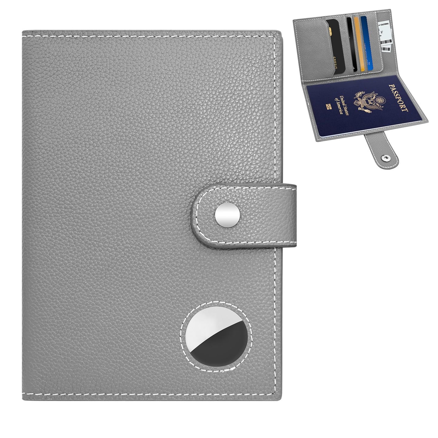 Genuine Leather Passport Holder for Travel, RFID Blocking Passport Wallet with Tracker Holder, Slim Passport Cover Travel Wallet for Women Men, Airport Essentials (Gray)