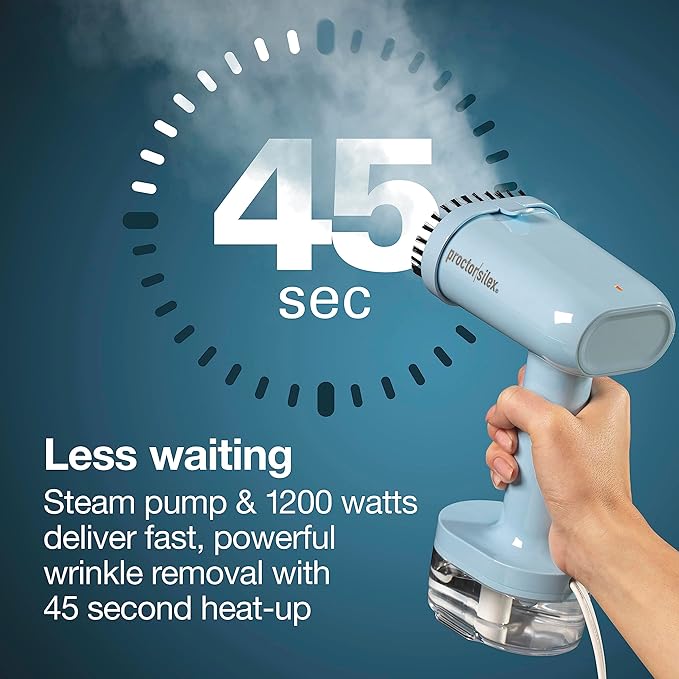 Proctor Silex Compact Travel Iron & Garment Steamer for Clothes, Ready in 45 Seconds for 7 Minutes of Continuous Use, Portable and Lightweight, Vacation Essentials, 1200 Watts, 120 ml Water Tank, Blue