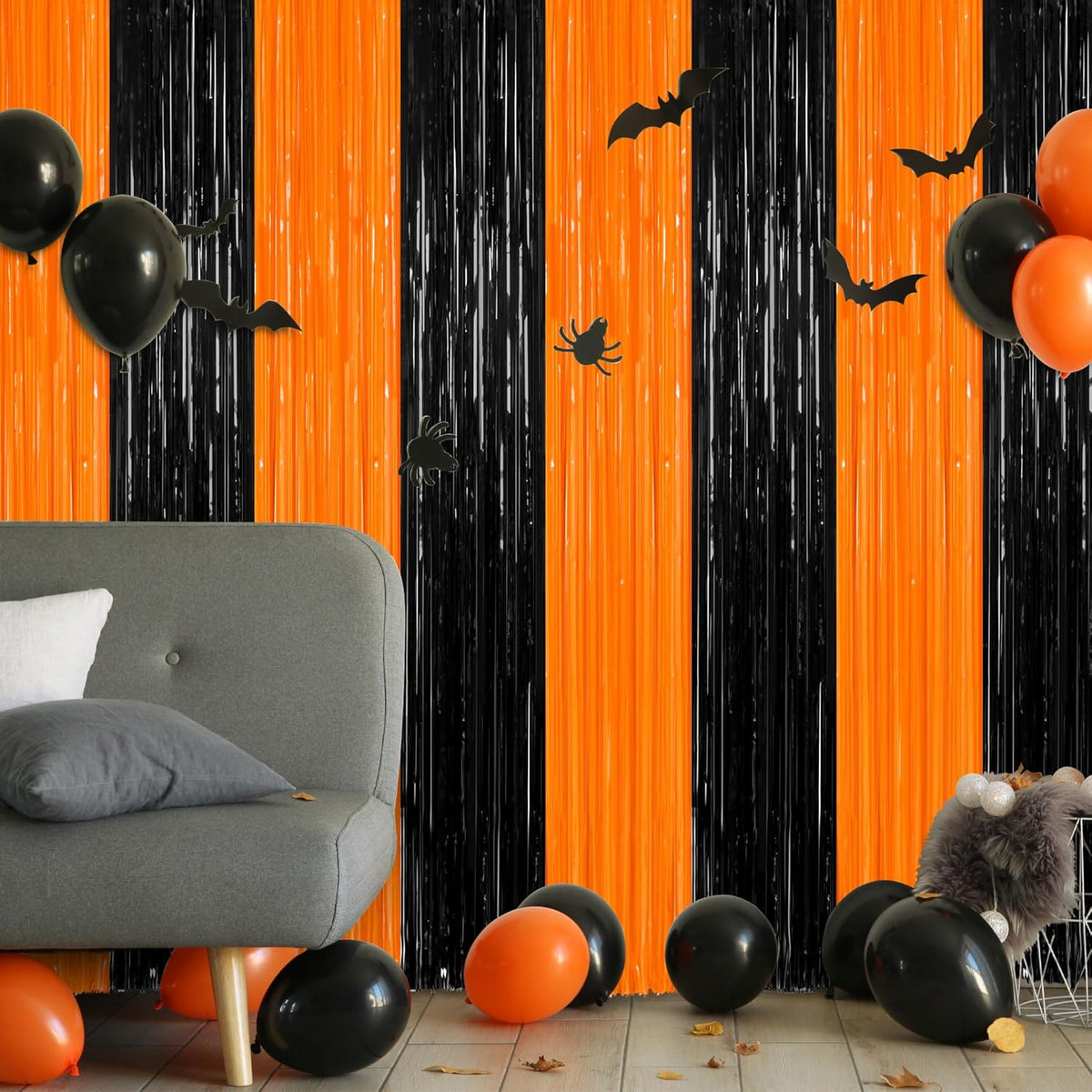 2 Pack Halloween Photo Backdrop, 3.28 FT x 7.05 FT Orange and Black Party Streamer, Metallic Foil Fringe Curtains Tinsel Backdrop, Halloween Birthday Party Decorations Hanging Decor Indoor