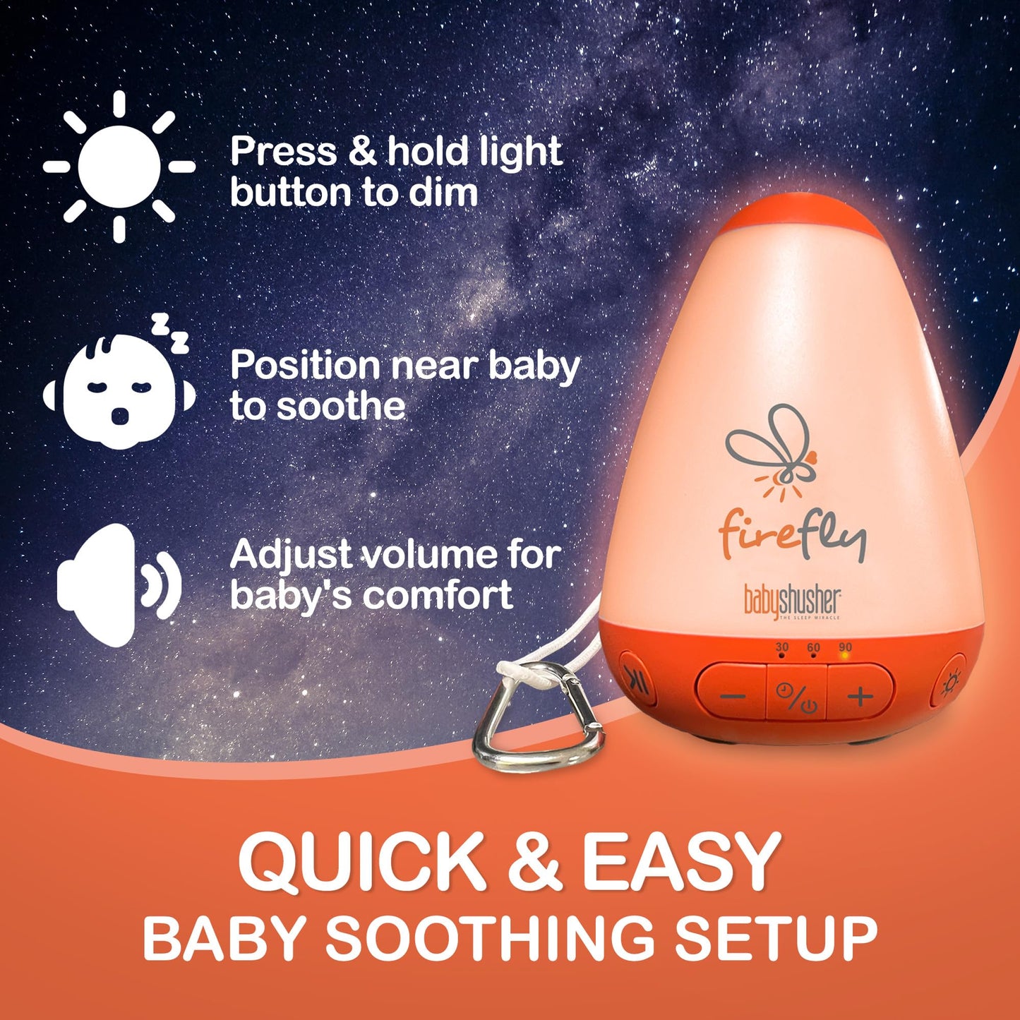 Baby Shusher Firefly Baby Soother for Crying Babies with Nightlight - White Noise Sound Machine, Baby Soother for Sleeping, Newborn Essentials for Crib, USB Rechargeable - 1 Count