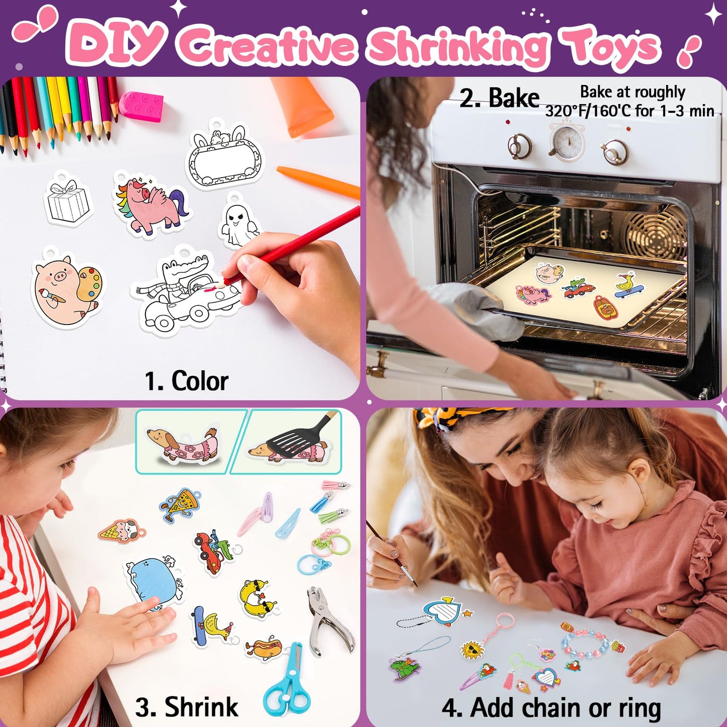 195 Pcs Shrink Plastic Kit with 39 Pre-Cut Patterns,3 Blank Shrink Plastic Sheets,Punch,Scissors,Keychains Lanyards,Tassels,Keychain Making Kit,Shrinky Art Charms,Shrinking Paper Craft Kits DIY Gifts