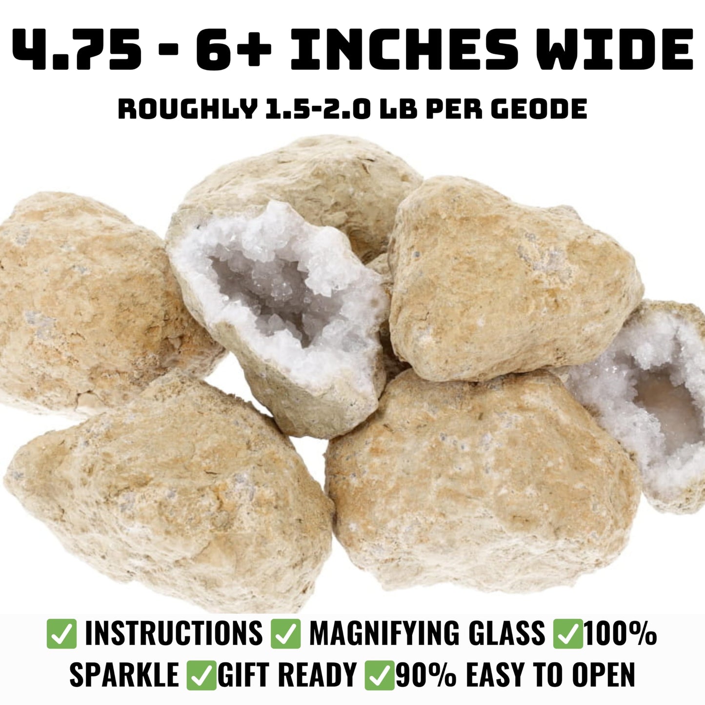 TruEnergy Jumbo Break Your Own Geodes – 2 Massive Natural Crystal Geodes 4.5 to 6.5 Inch, Easy Crack-Open Geology Specimens – Magnifying Glass & Geologist Guide – Gift Ready - [Jumbo]