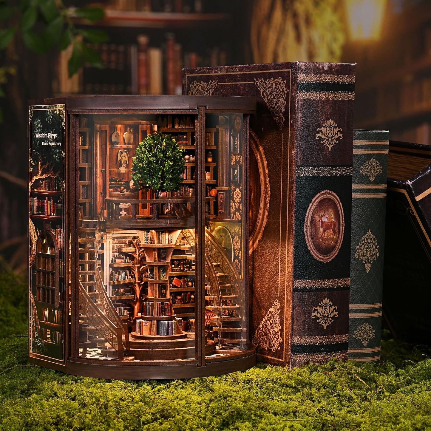 obzergem Book Nook Kit - Wisdom Rings Book Archive - Wooden Bookend and 3D Puzzle with LED Light, DIY Set for Adults, Bookshelf Decoration Diorama Kit, for Birthdays