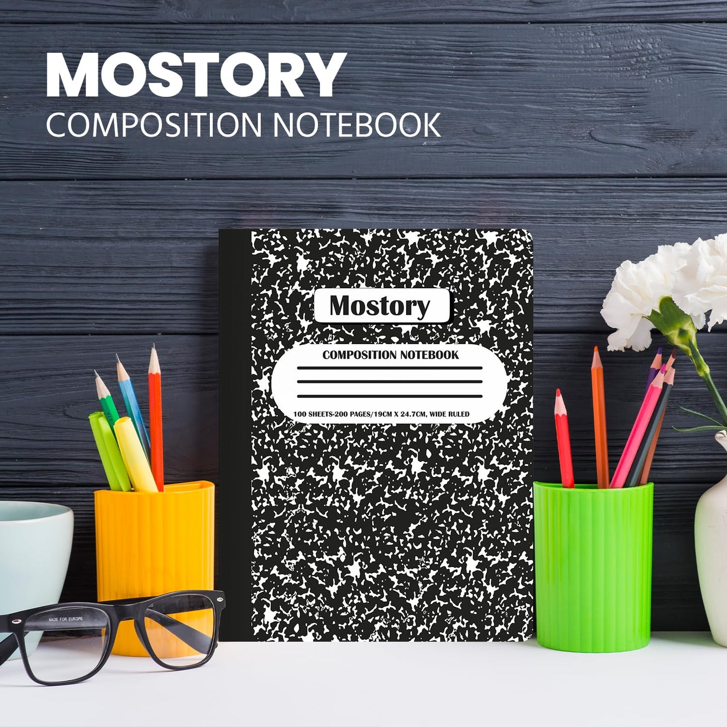 MOSTORY Pack of 10 Composition Notebook - Wide Ruled 200 Pages (100 Sheets), Size 7.5" x 9.75", Bulk School Supplies, Office, Bulk Notebooks for School, Writing Journal Notebook with Lined Paper