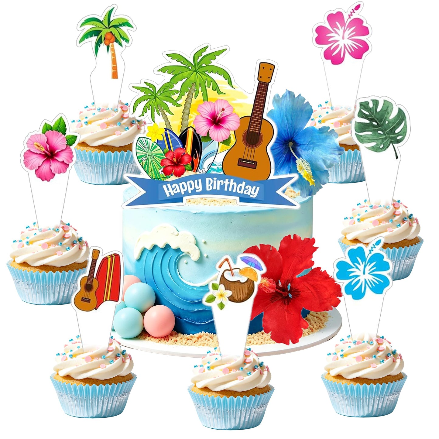 LaVenty Hawaiian Birthday Cake Decorations Tropical Cake Topper Luau Birthday Cake Toppers Hibiscus Flowers Cake Decorations