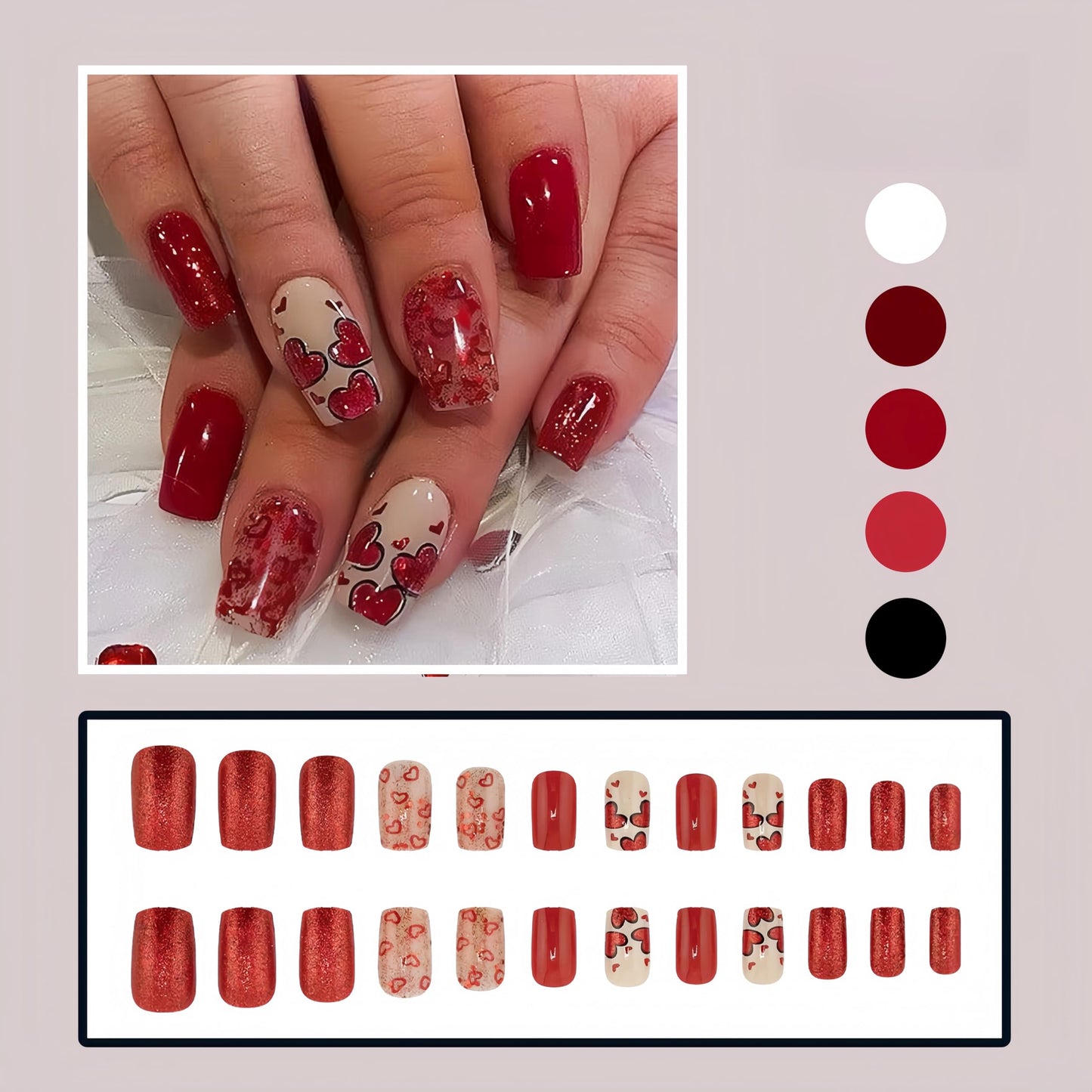 Valentine's Square Press on Nails Medium Hollow Heart Fake Nails Red Heart Glitter Design Glue on Nails Heart Acrylic Nails Full Cover Artificial Stick on Nails Valentine False Nails for Women